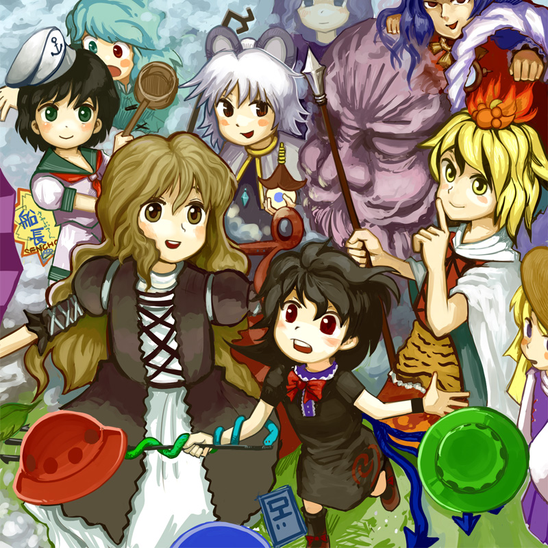 maku (artist), maku (wasabishock), hijiri byakuren, houjuu nue, kumoi ichirin, moriya suwako, murasa minamitsu, nazrin, tatara kogasa, toramaru shou, unzan, yasaka kanako, touhou, black legwear, 6+girls, animal ears, bishamonten's pagoda, black hair, blonde hair, blue eyes, blue hair, brown hair, cape, cloud, dress, everyone, frog, gothic lolita, green eyes, grey hair, hair ornament, hat, heterochromia, hishaku, hood, jewelry, ladle, lolita fashion, long hair, mouse ears, multiple girls, pendant, polearm, red eyes, sailor, shawl, short hair, snake, spear, thighhighs, trident, ufo, umbrella, weapon, wings, yellow eyes