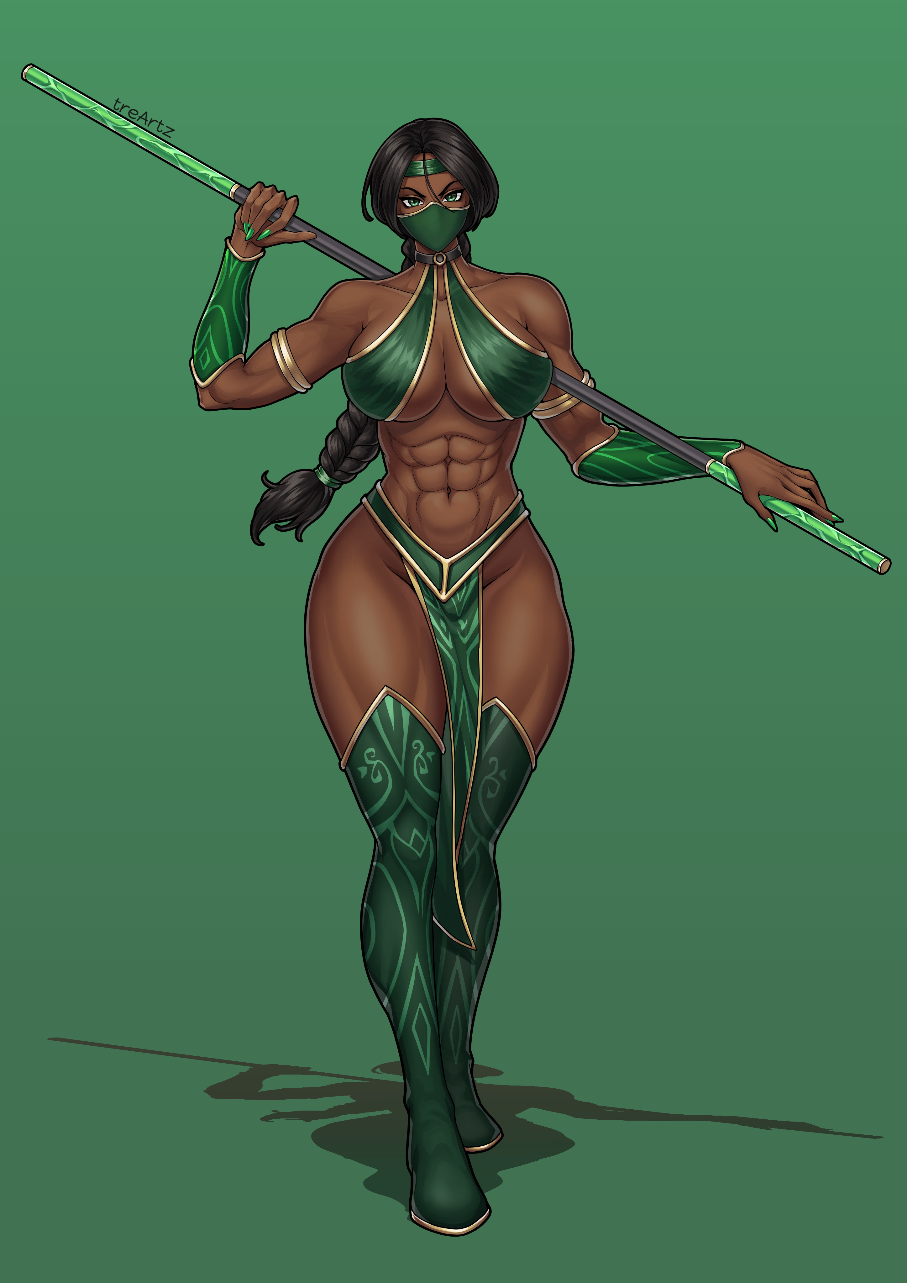 tre artz, jade (mortal kombat), mortal kombat (series), gold armlet, absurdres, commentary, commission, english commentary, highres, 1girl, abs, armlet, black hair, boots, bracer, braid, breasts, cleavage, dark-skinned female, dark skin, full body, green background, green boots, green eyes, green headband, green loincloth, green mask, green nails, green theme, headband, holding, holding behind back, holding staff, holding weapon, holding weapon behind back, jewelry, large breasts, long hair, looking at viewer, mask, mouth mask, muscular, muscular female, pelvic curtain, sideboob, solo, staff, thick thighs, thigh boots, thighs, underboob, weapon