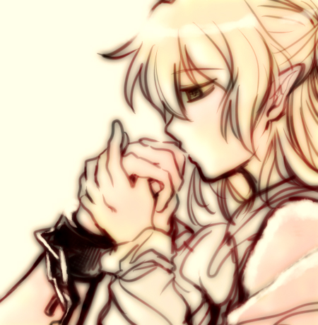 re ghotion, hoshiguma yuugi, mizuhashi parsee, touhou, lowres, 2girls, arm warmers, blonde hair, bow, cuffs, female focus, hair bow, half updo, handcuffs, kiss, kissing hand, monochrome, multiple girls, muted color, scarf, solo focus, yellow background, yellow theme, yuri