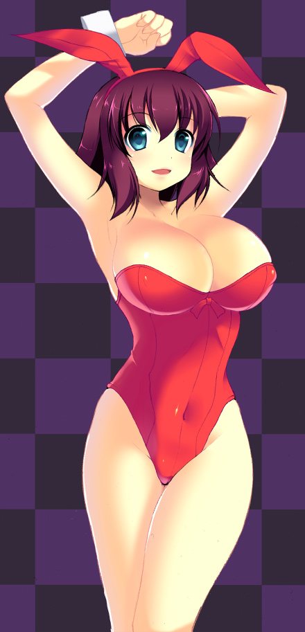 kyoku tou, henrietta de tristain, zero no tsukaima, long image, tall image, 00s, 1girl, animal ears, armpits, arms up, bare legs, bare shoulders, breasts, cleavage, fake animal ears, female focus, huge breasts, playboy bunny, rabbit ears, solo