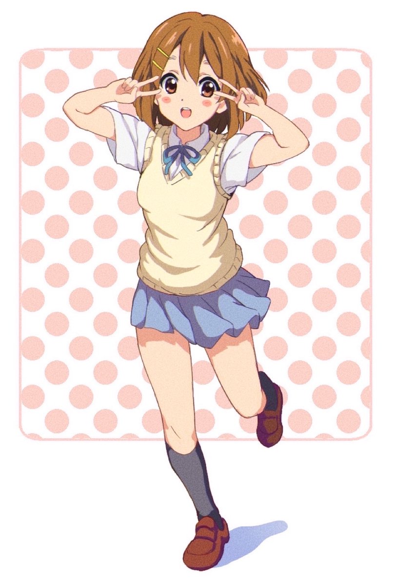 shinpeb, hirasawa yui, k-on!, 1girl, black socks, blue skirt, blush, blush stickers, dot nose, double v, female focus, full body, hair between eyes, hair ornament, hairclip, legs, looking at viewer, open mouth, ribbon, sakuragaoka high school uniform, shirt, shoes, short sleeves, skirt, socks, solo, standing, standing on one leg, sweater vest, teeth, v, white shirt, yellow sweater vest