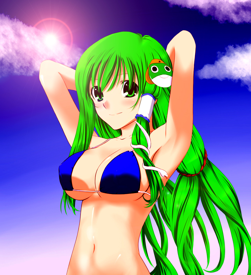 tohoho (hoshinoyami), keroro, kochiya sanae, keroro gunsou, touhou, 1girl, armpits, arms behind head, bikini, bikini top only, blue bikini, blush, breasts, cleavage, cloud, female focus, frog, green eyes, green hair, hair ornament, hair ribbon, large breasts, long hair, matching hair/eyes, navel, ribbon, sky, smile, snake, solo, sun, swimsuit, underboob, very long hair