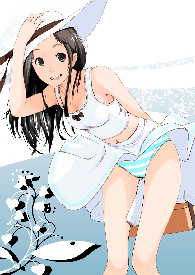 nanahime, kuro (kurokami), kurokami, original, 00s, 1girl, bare shoulders, black hair, dress, female focus, hat, long hair, panties, pantyshot, smile, solo, striped clothes, striped panties, sun hat, sundress, underwear, upskirt