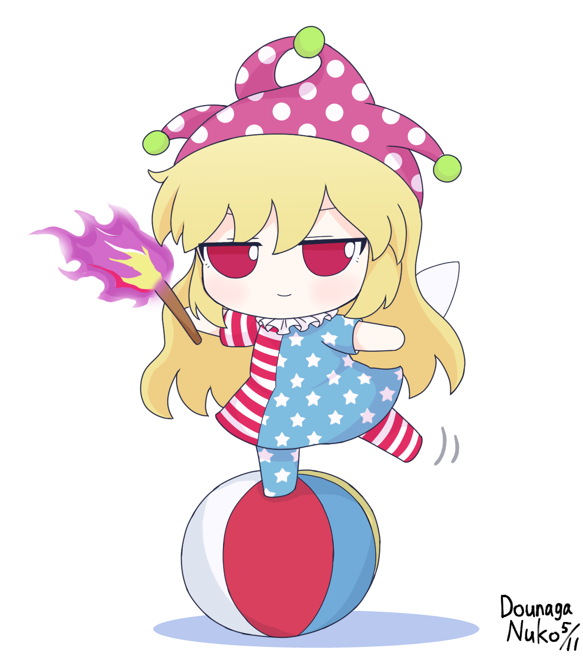 dounaga nuko, clownpiece, touhou, check commentary, commentary request, highres, 1girl, american flag, american flag dress, american flag legwear, american flag pants, american flag print, american flag shirt, balancing, ball, beachball, blonde hair, chibi, chibi only, dated, deformed, dress, fairy wings, flag print, frills, fumo (doll), hat, holding, holding torch, jester cap, long hair, motion lines, neck ruff, pants, pantyhose, polka dot, polka dot headwear, print pants, print shirt, purple hat, red eyes, shirt, short sleeves, signature, simple background, smile, solo, standing, standing on one leg, star (symbol), star print, striped clothes, striped dress, striped pantyhose, torch, white background, wings