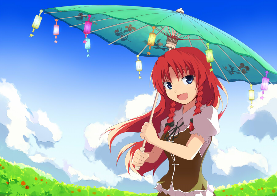 tsuyuki, tsuyuki (yukitgraph), hong meiling, embodiment of scarlet devil, touhou, bad id, bad pixiv id, 1girl, blue eyes, braid, china dress, chinese clothes, dress, female focus, long hair, oil-paper umbrella, red hair, solo, twin braids, umbrella