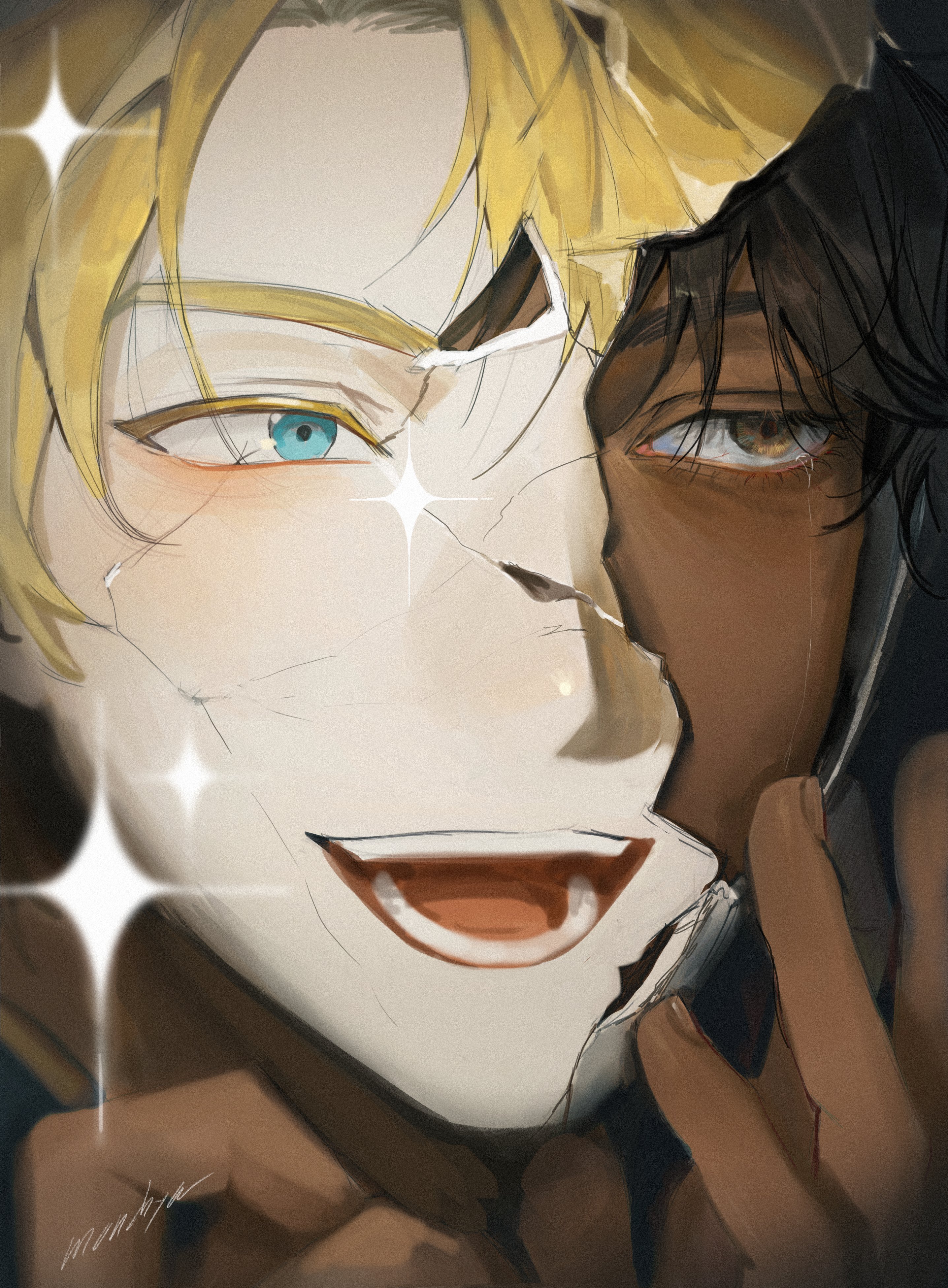 alberu crossman, lout of count's family, absurdres, highres, 1boy, black hair, blonde hair, blue eyes, broken glass, brown eyes, brown hair, close-up, crack, cracked skin, crying, crying with eyes open, dark-skinned male, dark skin, fingernails, glass, hands on own face, hands up, jamchya, light blush, male focus, mask, mask pull, mouth mask, multiple boys, open mouth, portrait, reflection, scar, shards, short hair, signature, smile, sparkle, split theme, streaming tears, tears, teeth