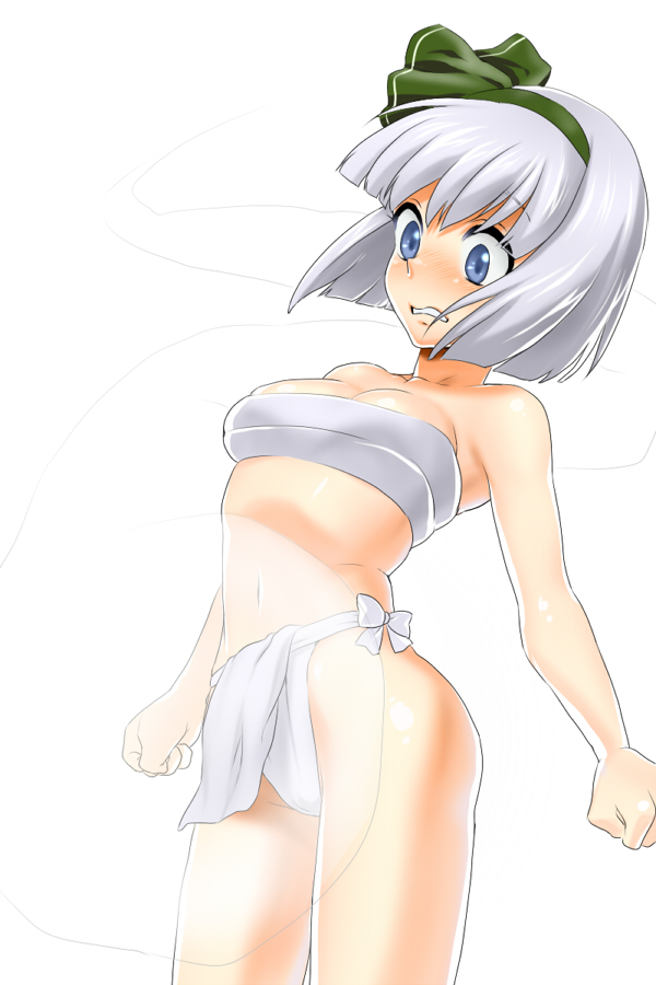 castella, konpaku youmu, konpaku youmu (ghost), touhou, 1girl, blue eyes, chest sarashi, female focus, fundoshi, ghost, grey hair, hairband, japanese clothes, sarashi, short hair, solo, surprised