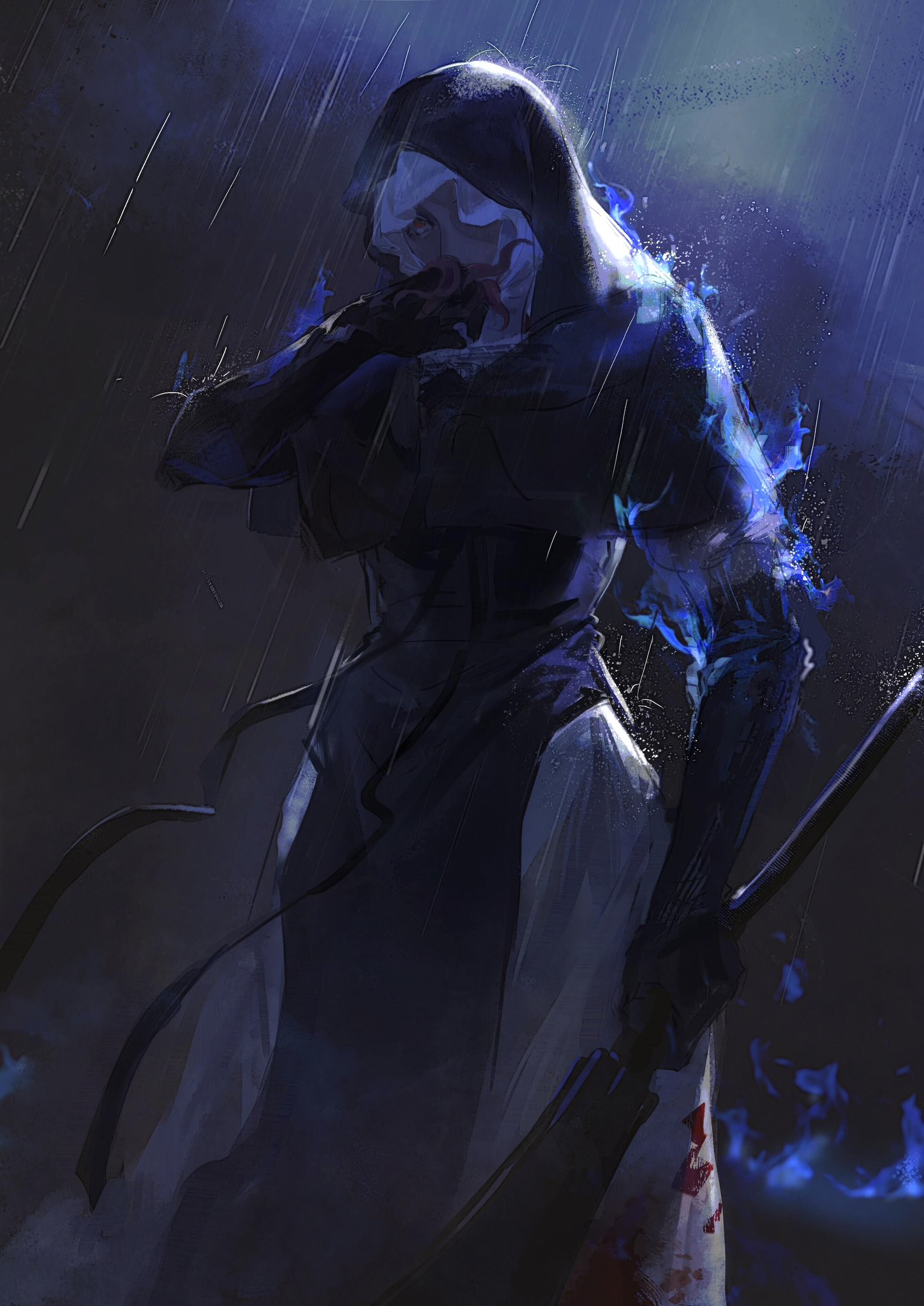 yayaziiii, undertaker (elden ring), elden ring, elden ring nightreign, highres, 1girl, black capelet, black hood, blood, blood on clothes, capelet, cowboy shot, flanged mace, holding, holding mace, holding weapon, mace, night, nun, one eye covered, outdoors, rain, red eyes, solo, weapon, white coif, wiping mouth