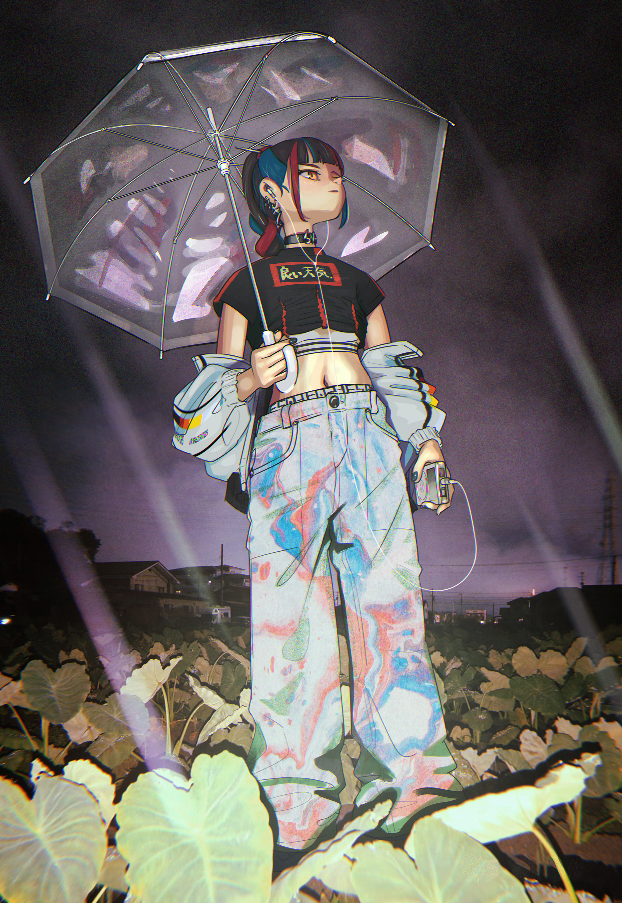 e503com, harusaruhi, kamitsubaki studio, absurdres, highres, 1girl, black hair, black shirt, blue hair, braid, dark, full body, holding, holding mp3 player, holding umbrella, long hair, long sleeves, looking to the side, midriff, mp3 player, multicolored hair, night, off shoulder, outdoors, pants, plant, rain, red hair, shirt, sky, solo, standing, streaked hair, transparent, transparent umbrella, umbrella, virtual youtuber, yellow eyes