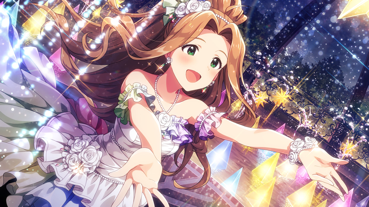 nikaido chizuru, idolmaster, idolmaster million live!, idolmaster million live! theater days, game cg, official art, third-party source, 1girl, ahoge, anime coloring, armband, bare shoulders, blush, bracelet, brown hair, curtained hair, dress, dress flower, earrings, floating hair, flower, flower earrings, fountain, gem, gown, green eyes, hair flower, hair ornament, high ponytail, jewelry, long dress, long hair, multicolored dress, necklace, night, open mouth, outdoors, outstretched arms, pearl (gemstone), pearl bracelet, pearl necklace, ponytail, rose, smile, solo, sparkle, strapless, strapless dress, tree, white dress, white flower, white rose, wide ponytail