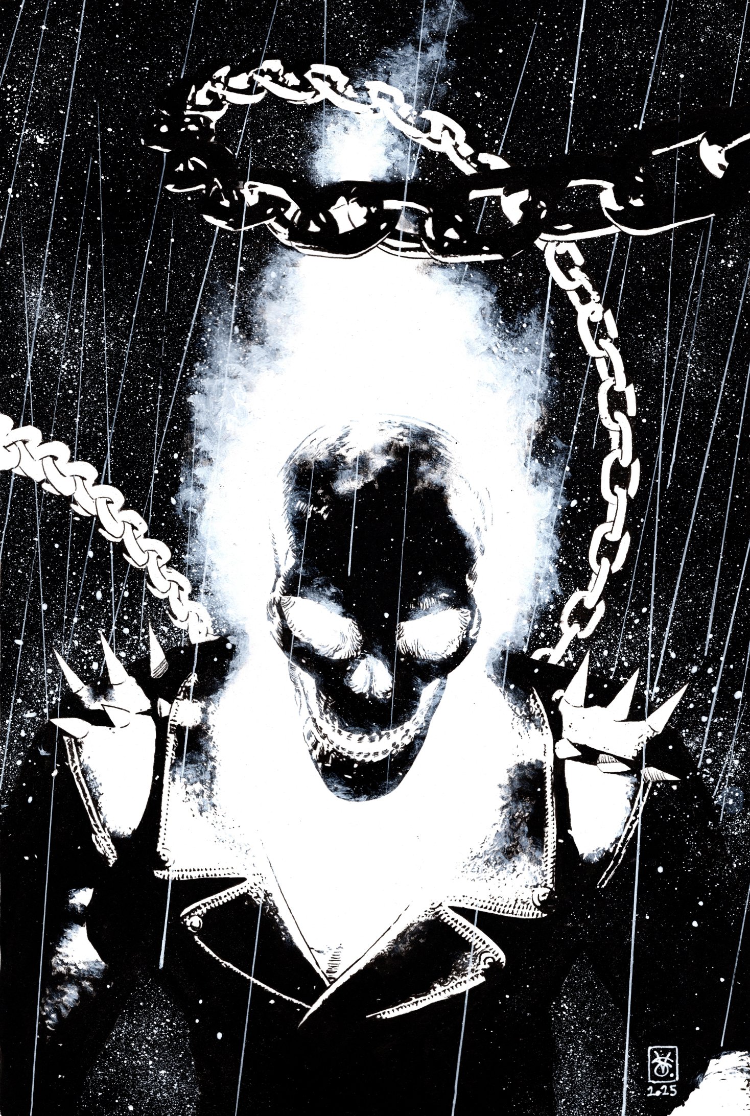 ghost rider, ghost rider (series), marvel, acrylic paint (medium), commentary, english commentary, highres, painting (medium), pen (medium), traditional media, 1boy, chain, dark, fire, flaming head, flaming skull, jacket, leather, leather jacket, male focus, monochrome, rain, skull, solo, spiked jacket, upper body, valerio giangiordano