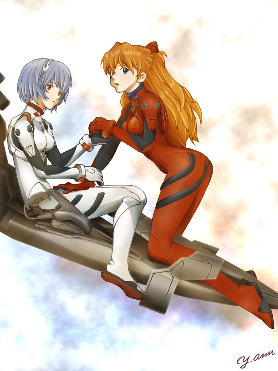 ann yosh, ayanami rei, souryuu asuka langley, neon genesis evangelion, looking away, red headwear, thighs together, white headwear, highres, 2girls, abstract background, ahoge, armpits, artist name, ass, blue eyes, blush, bodysuit, breasts, chair, closed mouth, cockpit, collarbone, covered erect nipples, entry plug, expressionless, eyelashes, female focus, friends, full body, gradient background, hair between eyes, hand on another's arm, hand on another's thigh, hand up, headgear, holding hands, implied yuri, knee up, kneeling, leaning on person, legs, legs together, long hair, looking at viewer, mecha, mecha pilot suit, medium breasts, multiple girls, neck, no bra, no panties, open cockpit, open mouth, orange hair, petite, plugsuit (evangelion), print bodysuit, purple hair, red bodysuit, red eyes, robot, short hair, shy, sitting, skin tight, small breasts, surprised, thighs, turning head, white bodysuit