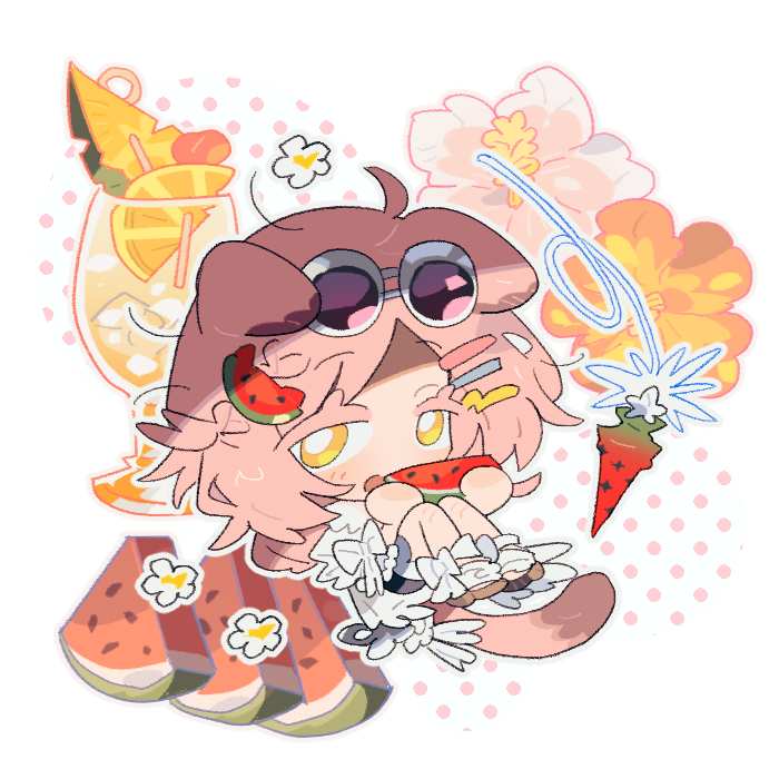 help097, goldenglow (arknights), goldenglow (summer flowers) (arknights), arknights, 1girl, animal ears, bow, cat ears, cat girl, cat tail, chibi, chibi only, cocktail glass, cup, drinking glass, eating, eyewear on head, floppy ears, flower, food-themed hair ornament, hair ornament, halftone, looking at viewer, official alternate costume, pink hair, purple-tinted eyewear, scottish fold, sitting, solo, tail, tinted eyewear, watermelon hair ornament, white background, yellow eyes