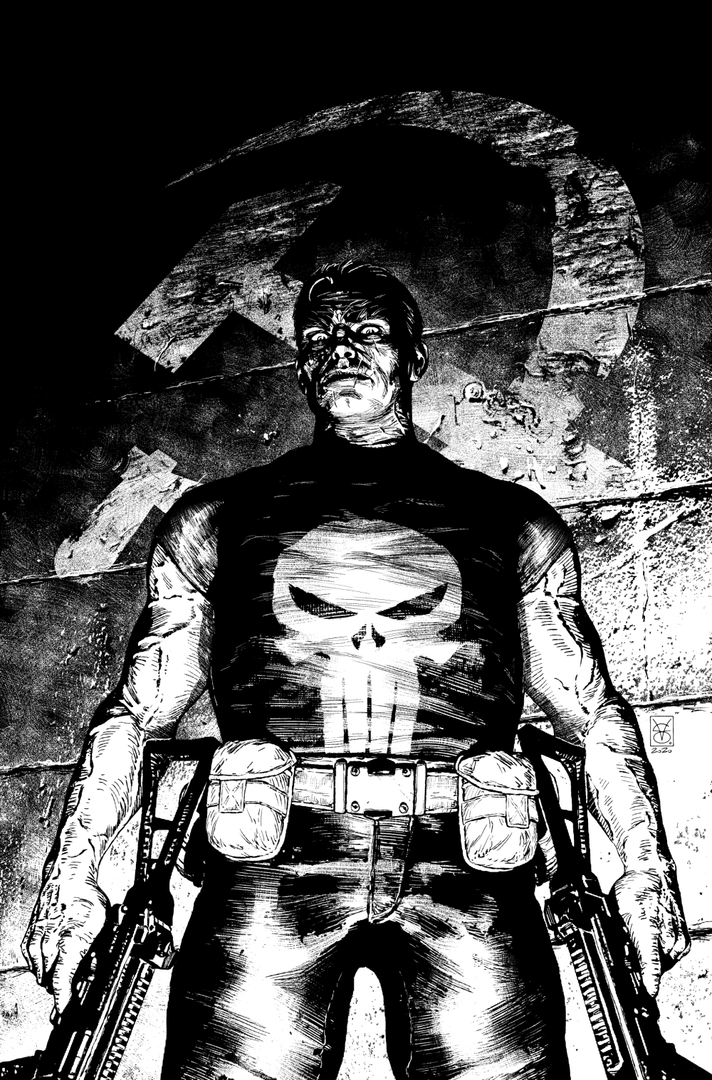 the punisher (character), marvel, the punisher (series), commentary, english commentary, highres, pen (medium), traditional media, 1boy, dark, dual wielding, gun, hammer and sickle, holding, holding gun, holding weapon, looking at viewer, looking down, male focus, mature male, monochrome, muscular, muscular male, pants, scar, scar across eye, scar on face, scar on mouth, shirt, short hair, skull, sleeveless, sleeveless shirt, solo, valerio giangiordano, veins, veiny arms, weapon, wrinkled skin
