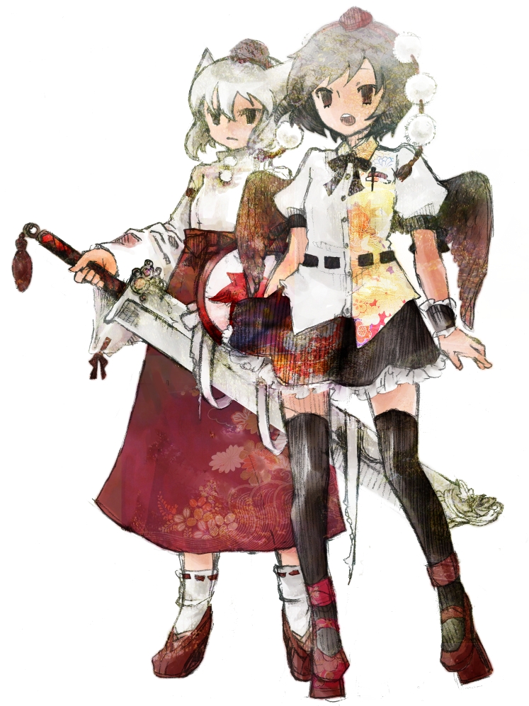 libra ten, inubashiri momiji, shameimaru aya, touhou, silver hair, bad id, bad pixiv id, 2girls, alternate weapon, animal ears, black hair, black wings, detached sleeves, female focus, geta, hat, huge weapon, multiple girls, red eyes, shield, short hair, sketch, sword, tengu-geta, thighhighs, tokin hat, weapon, wings, wolf ears