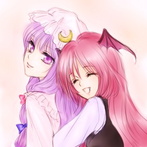 hazuki iku, koakuma, patchouli knowledge, embodiment of scarlet devil, touhou, 2girls, ^ ^, closed eyes, female focus, hat, head wings, hug, multiple girls, purple eyes, purple hair, wings, yuri