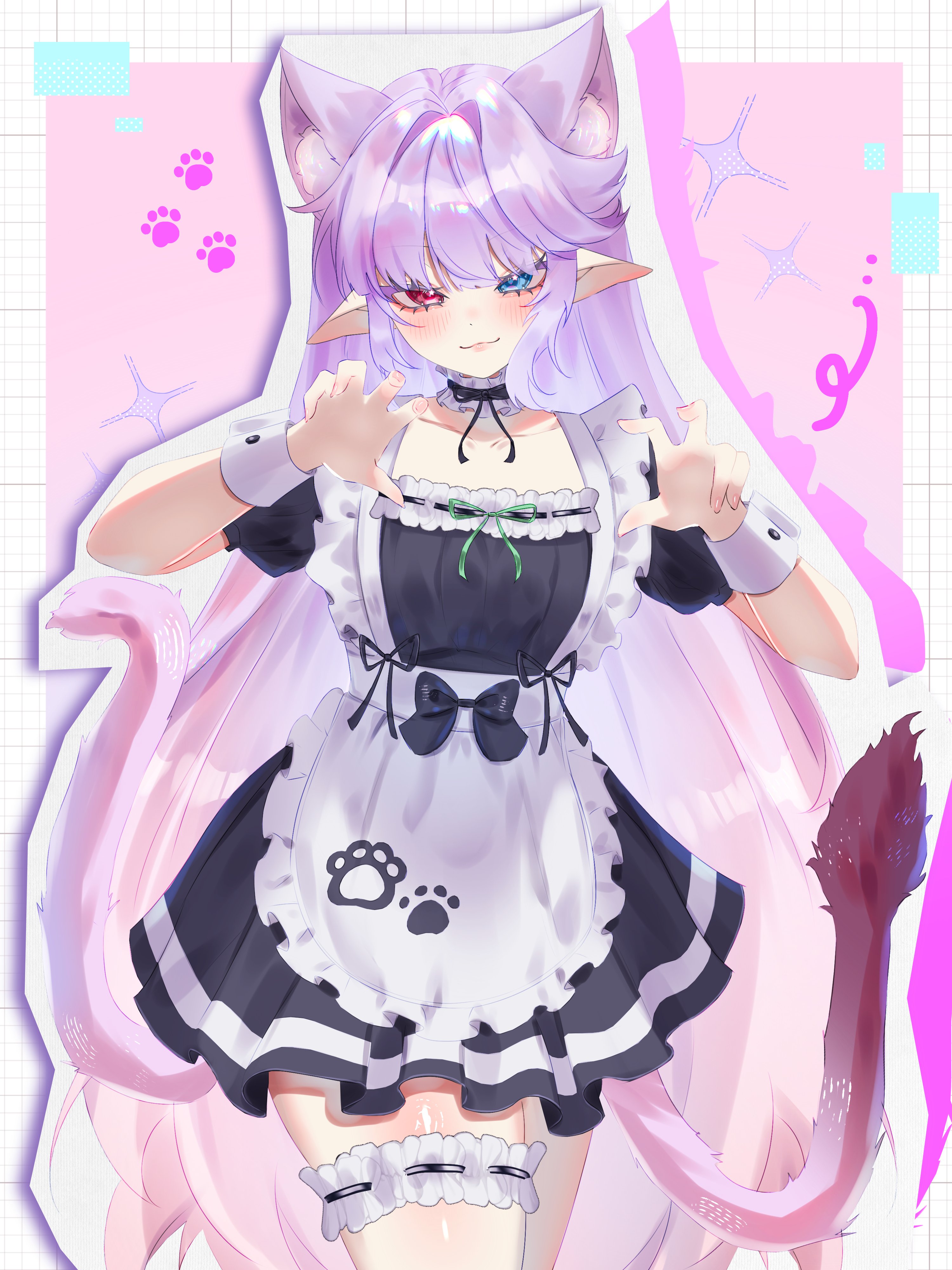 icy artzy, indie virtual youtuber, absurdres, commentary, commission, english commentary, highres, second-party source, 1girl, :3, animal ears, apron, black bow, black choker, black dress, blue eyes, blush, bow, cat ears, cat girl, cat tail, choker, closed mouth, collarbone, cowboy shot, dress, frilled apron, frilled choker, frills, hands up, heterochromia, long hair, looking at viewer, maid, mewukki (vtuber), multiple tails, pink background, pointy ears, purple eyes, red eyes, short dress, short sleeves, smile, solo, swept bangs, tail, thigh strap, two tails, very long hair, virtual youtuber, white apron, white wrist cuffs, wrist cuffs