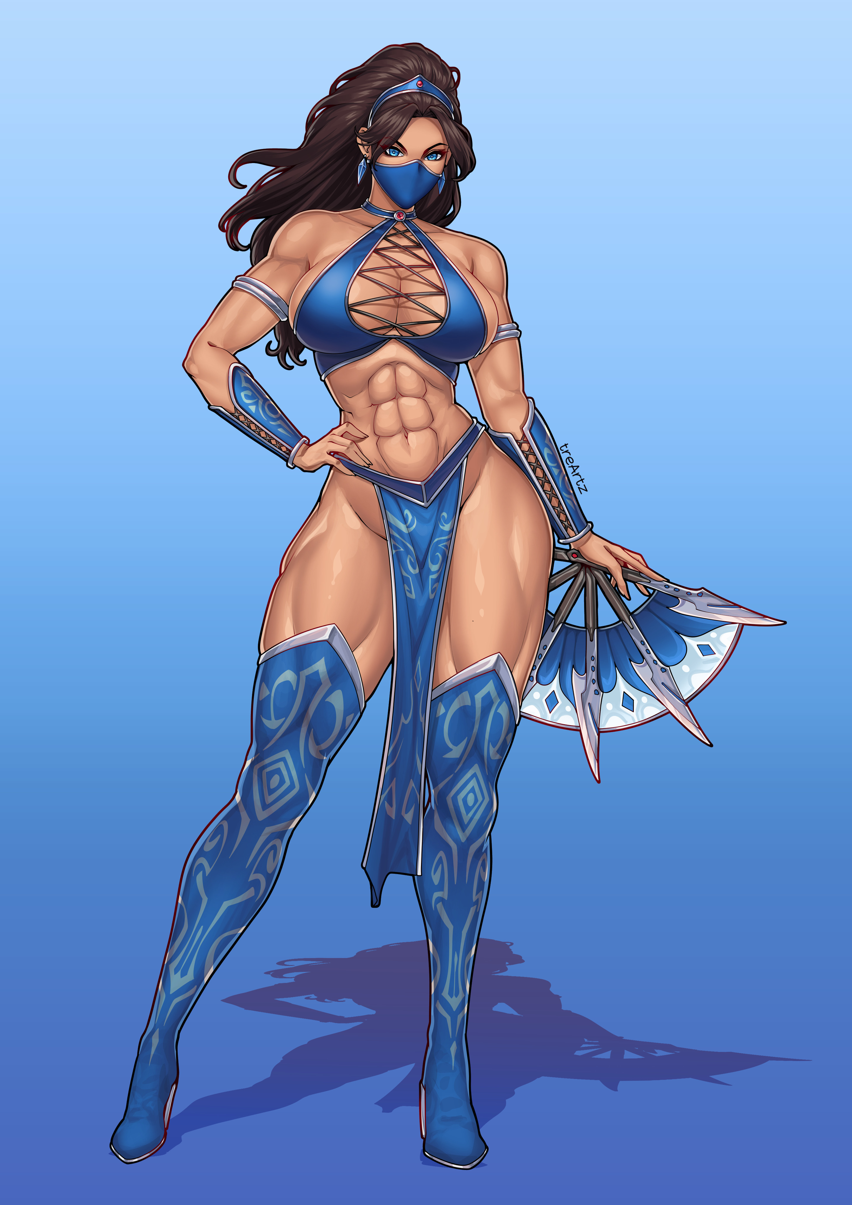 tre artz, kitana, mortal kombat (series), absurdres, commentary, commission, english commentary, highres, 1girl, abs, armlet, blue background, blue boots, blue eyes, blue hairband, blue loincloth, blue mask, blue theme, boots, bracer, breasts, brown hair, cleavage, earrings, full body, hairband, hand fan, hand on own hip, high heel boots, high heels, holding, holding fan, jewelry, large breasts, long hair, looking at viewer, mask, mouth mask, muscular, muscular female, navel, pelvic curtain, silver armlet, solo, thigh boots, weapon