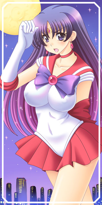 tenshou akira, hino rei, sailor mars, bishoujo senshi sailor moon, long image, tall image, 1990s (style), 1girl, breasts, choker, female focus, gloves, gradient hair, impossible clothes, impossible shirt, jewelry, long hair, magical girl, multicolored hair, red skirt, retro artstyle, ribbon, shirt, skirt, solo, tiara