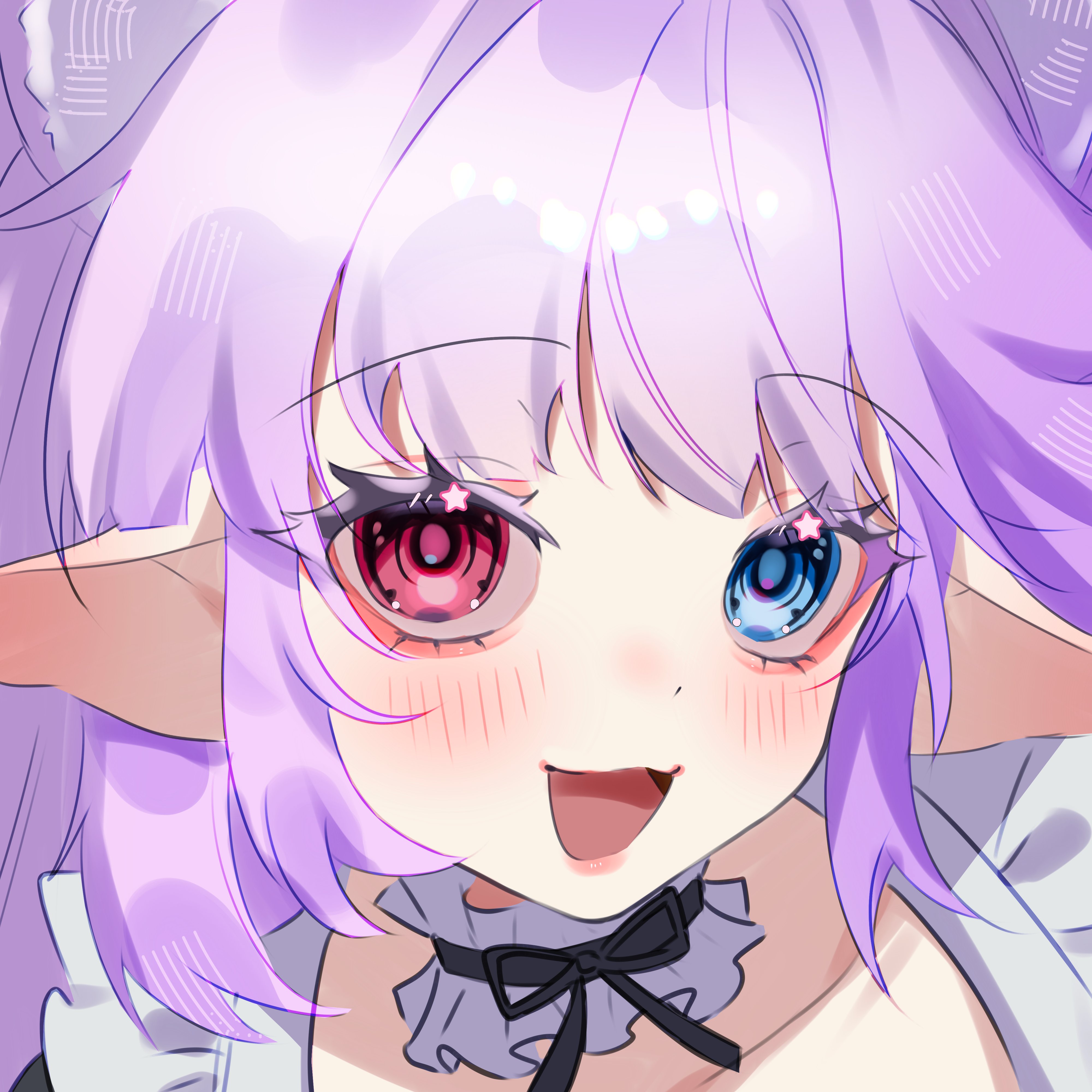 icy artzy, indie virtual youtuber, absurdres, commentary, commission, english commentary, highres, second-party source, 1girl, :d, black choker, blue eyes, blush, choker, frilled choker, frills, heterochromia, long hair, looking at viewer, mewukki (vtuber), open mouth, portrait, purple eyes, red eyes, ribbon choker, smile, solo, star (symbol), swept bangs, virtual youtuber