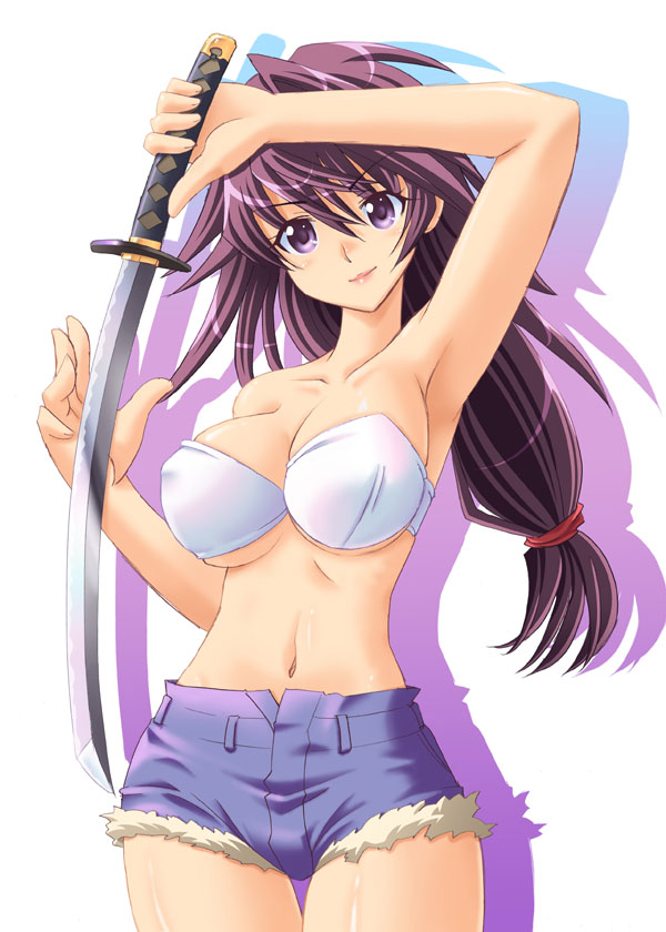 tenshou akira, original, 1girl, arm up, armpits, breasts, denim, female focus, katana, lips, long hair, ponytail, purple eyes, purple hair, shorts, solo, sword, weapon, white background