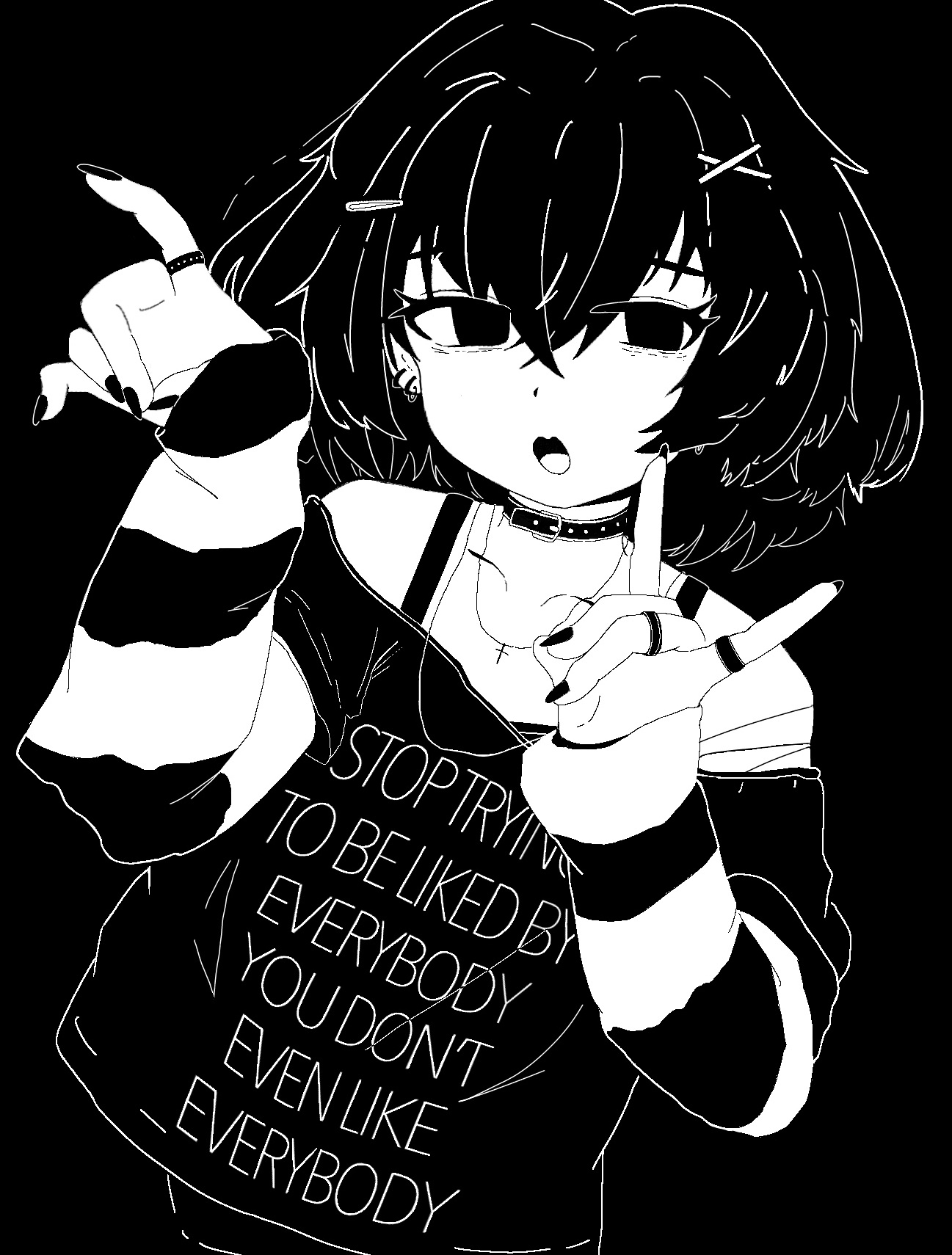 52 1hz, original, highres, 1girl, choker, clothes writing, cross, cross necklace, crossed bangs, double fox shadow puppet, ear piercing, fox shadow puppet, greyscale, hair between eyes, hair ornament, hairclip, hands up, jewelry, looking at viewer, monochrome, multiple rings, necklace, open mouth, piercing, ring, shirt, short hair, simple background, solo, striped arm warmers, upper body, white background, x hair ornament