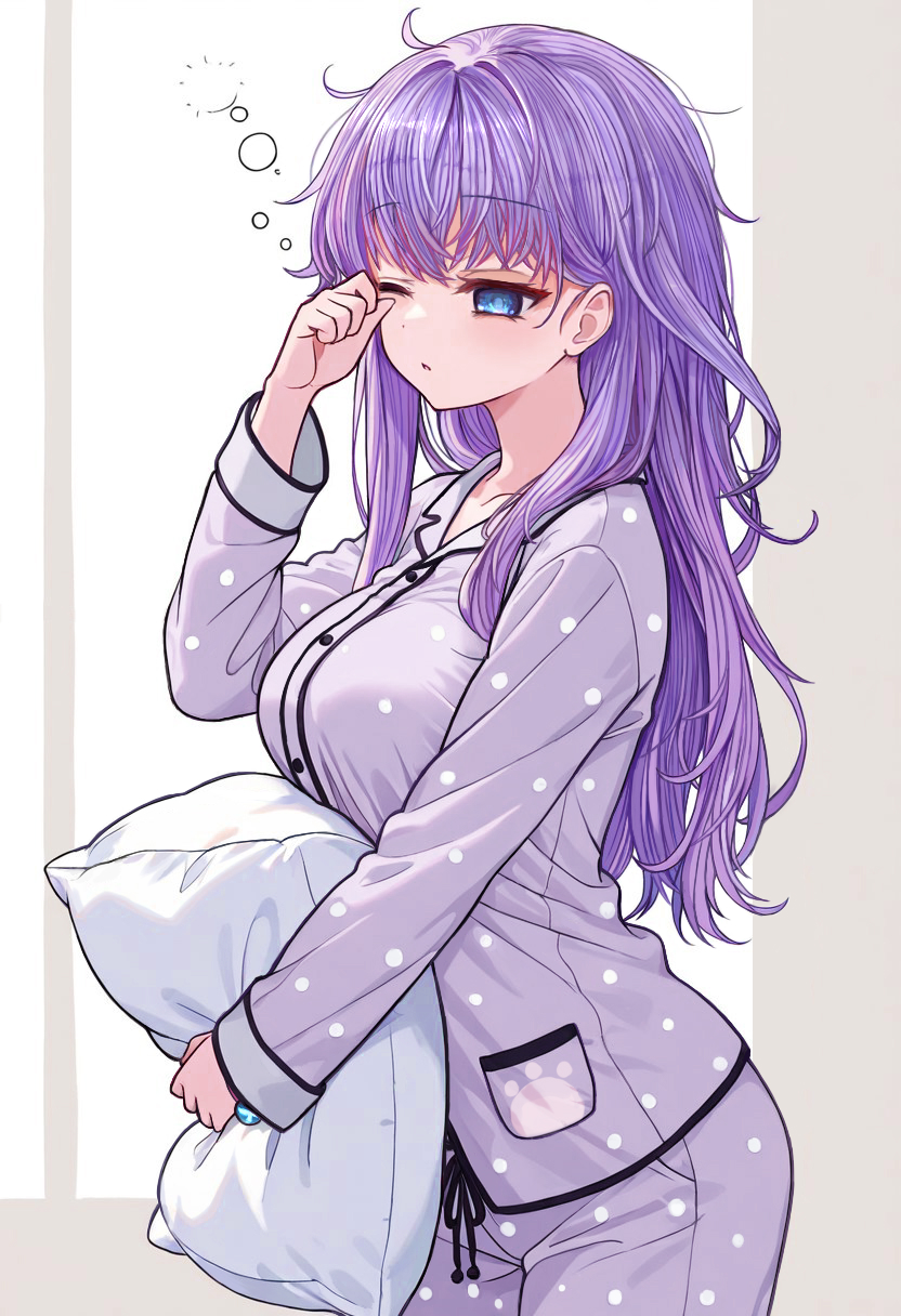 gensou roukaku, sorakado ai, summer pockets, commentary, highres, 1girl, alternate costume, blue eyes, blush, breasts, clenched hand, cowboy shot, from side, hair between eyes, hair intakes, hair over shoulder, hand up, holding, holding pillow, large breasts, long hair, long sleeves, messy hair, one eye closed, pajamas, parted lips, pillow, polka dot, polka dot pajamas, purple hair, purple pajamas, rubbing eyes, sidelocks, simple background, sleepy, solo, squeans, waking up, white background