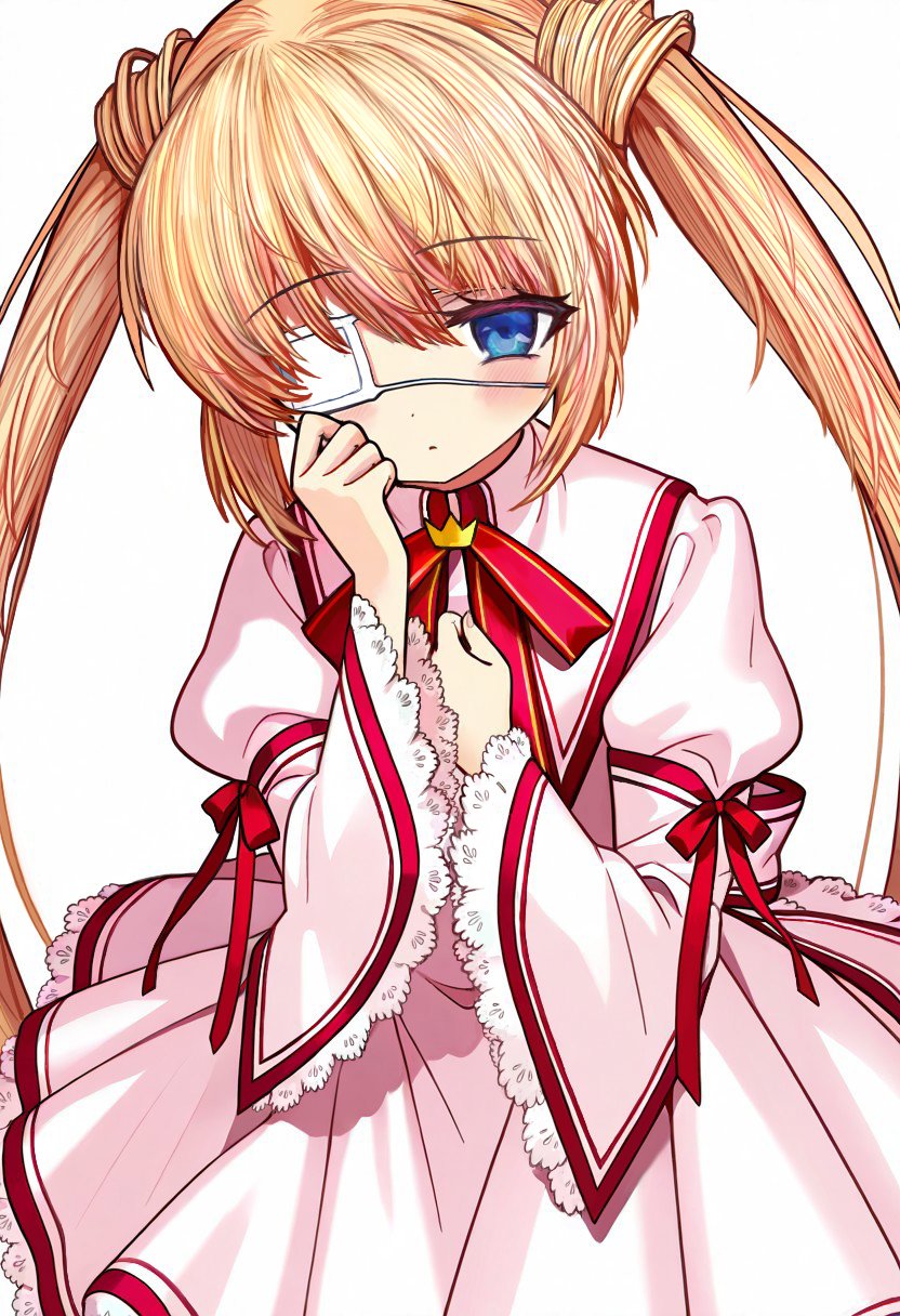 gensou roukaku, nakatsu shizuru, rewrite, commentary, highres, symbol-only commentary, 1girl, blonde hair, blue eyes, blush, bow, clenched hands, closed mouth, cowboy shot, crown, dress, eyelashes, eyepatch, frilled dress, frilled sleeves, frills, hair between eyes, hands up, juliet sleeves, kazamatsuri institute high school uniform, long hair, long sleeves, looking at viewer, medical eyepatch, mini crown, neck ribbon, one eye covered, pink dress, puffy sleeves, red bow, red ribbon, ribbon, school uniform, sidelocks, simple background, sleeve bow, solo, straight hair, twintails, very long hair, white background, wide sleeves