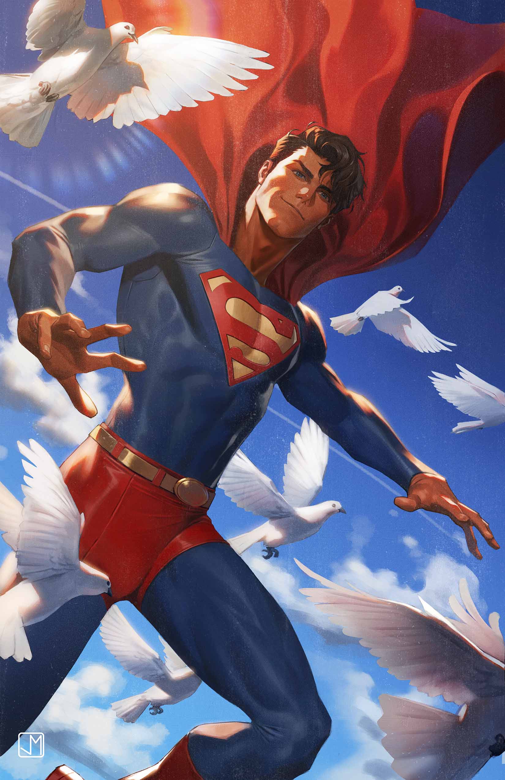 jorge molina, superboy, superman, dc comics, superman (series), absurdres, commentary, english commentary, highres, official art, 1boy, aged down, bird, black hair, blue eyes, blue sky, boots, cape, character logo, cloud, cover, cover page, dove, floating cape, flying, gloves, looking at viewer, male focus, muscular, red boots, red cape, red gloves, short hair, sky, solo, superhero costume, superman logo
