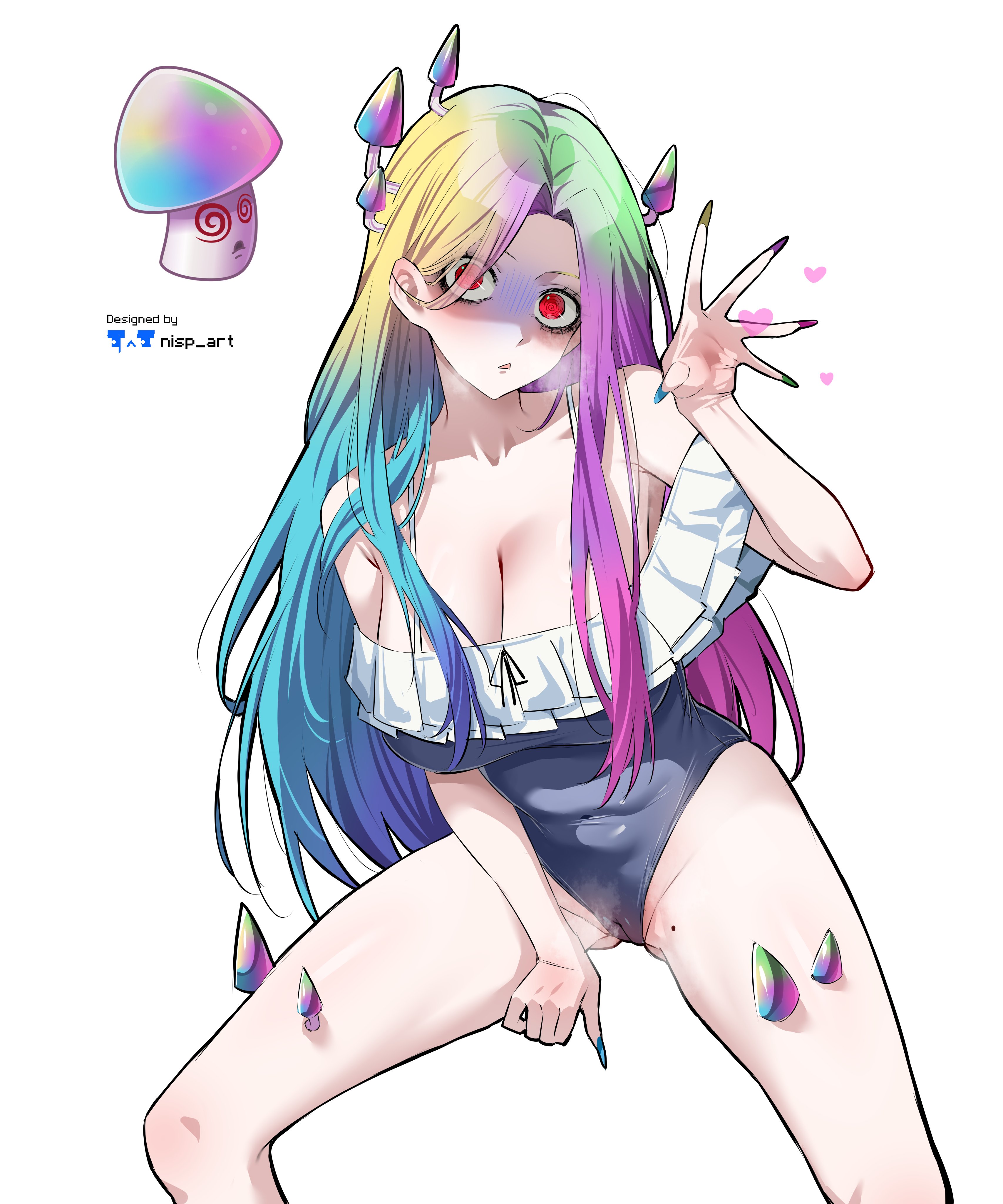 nisp art, hypno-shroom (plants vs. zombies), plants vs. zombies, absurdres, highres, 1girl, @ @, armpits, blue hair, breasts, cameltoe, cleavage, green hair, large breasts, long hair, mole, mole on leg, multicolored hair, mushroom, mushroom on head, open mouth, personification, pink hair, plant, purple hair, red eyes, shirt, simple background, solo, white background