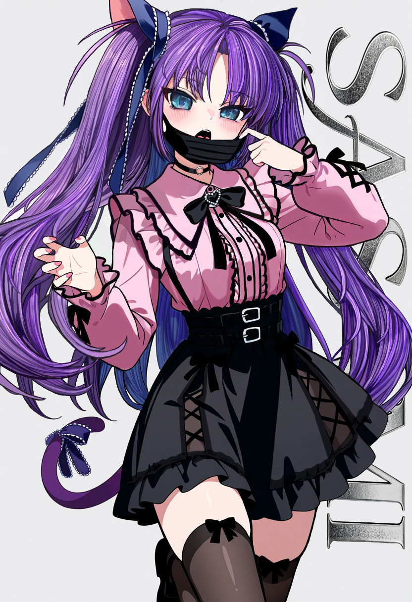 gensou roukaku, sasasegawa sasami, little busters!, commentary, highres, 1girl, alternate costume, belt, black belt, black bow, black bowtie, black choker, black skirt, black thighhighs, blue eyes, blue ribbon, bow, bowtie, cat tail, center frills, character name, choker, eyelashes, foot out of frame, footwear bow, frilled shirt, frilled shirt collar, frilled skirt, frills, grey background, hair between eyes, hair ribbon, hands up, high-waist skirt, jirai kei, lace, lace-trimmed ribbon, lace trim, long hair, long sleeves, looking at viewer, mask, mask pull, mouth mask, nail polish, o-ring, o-ring choker, open mouth, parted bangs, pink nails, pink shirt, purple bow, purple hair, ribbon, shirt, simple background, skirt, solo, standing, standing on one leg, straight hair, tail, tail bow, tail ornament, teeth, thighhighs, thighs, two side up, upper teeth only, very long hair, zettai ryouiki