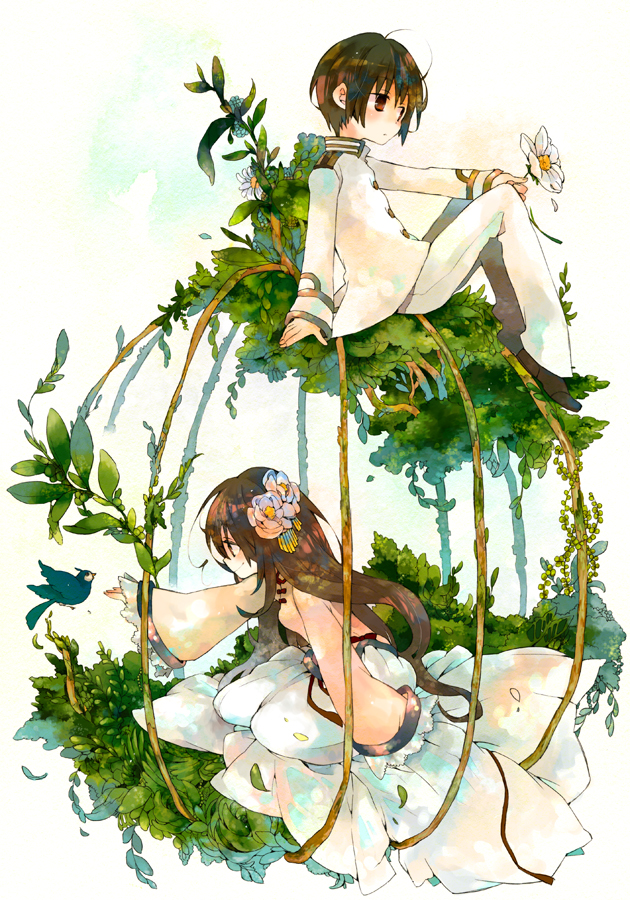 harikamo, japan (hetalia), taiwan (hetalia), axis powers hetalia, bad id, bad pixiv id, 00s, 1boy, 1girl, ahoge, bird, black hair, brown hair, cage, changpao, chinese clothes, couple, dress, flower, hair flower, hair ornament, hetero, in cage, military, military uniform, short hair, skirt, sword, weapon