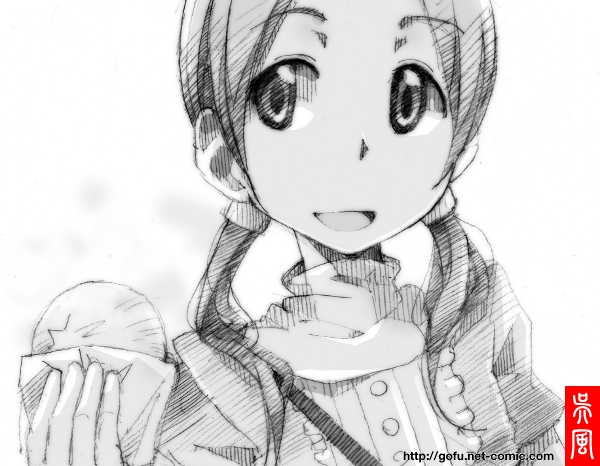 gofu, okudaira akira, aoi hana, traditional media, 00s, 1girl, female focus, food, gradient background, greyscale, monochrome, sketch, solo, spot color, steamed bun