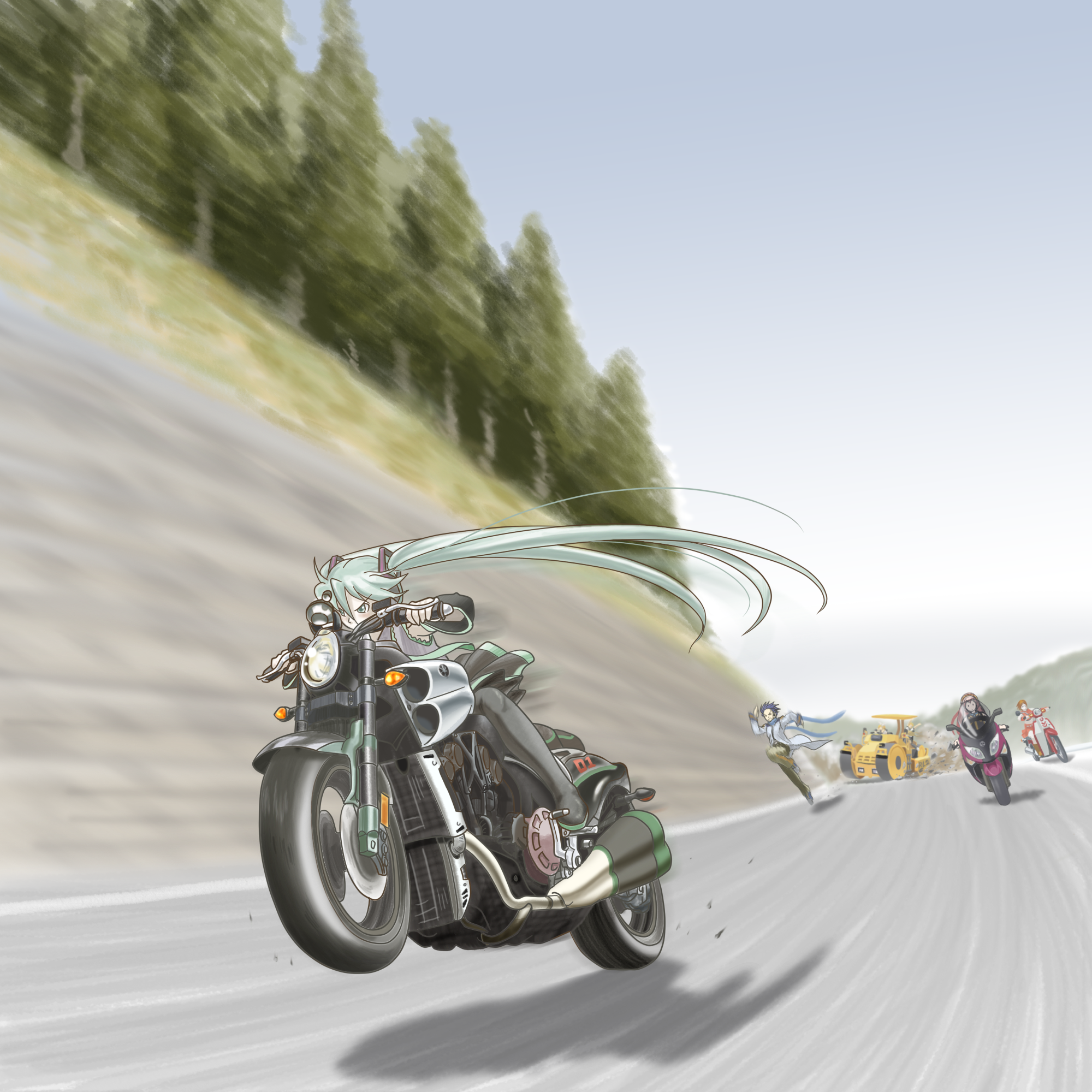 nkquatre kat, hatsune miku, kagamine len, kagamine rin, kaito (vocaloid), megurine luka, meiko (vocaloid), vocaloid, vehicle, bad id, bad piapro id, highres, 2boys, 4girls, aqua eyes, aqua hair, detached sleeves, long hair, motion blur, motion lines, motor vehicle, motorcycle, multiple boys, multiple girls, necktie, on motorcycle, running, skirt, speed lines, steamroller, thighhighs, twintails, very long hair, wheelie