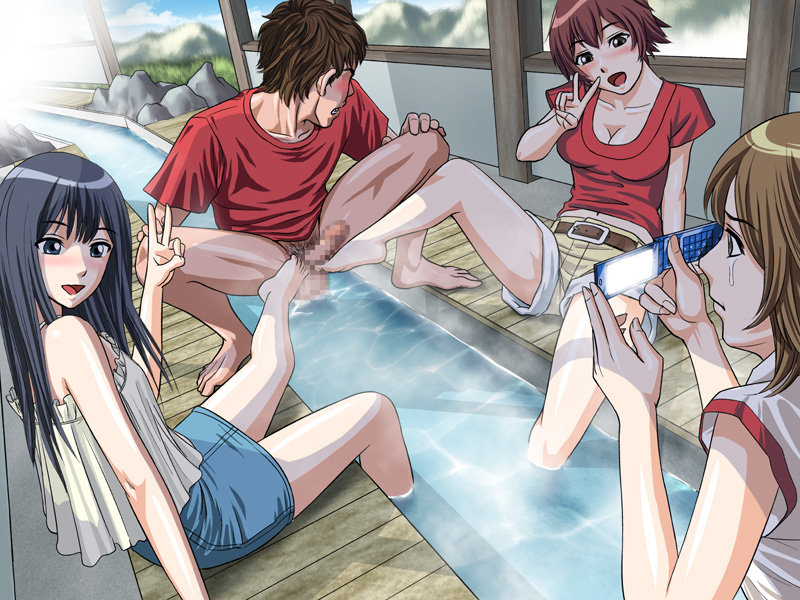 koube an, s-soft, setsugen, shigezu edo, kimi no chin chin shamerasete konyoku onsen hen, original, character request, 1boy, 3girls, bare shoulders, barefoot, belt, blush, bottomless, breasts, brown hair, camera phone, cellphone, censored, cleavage, clothed female nude male, cooperative footjob, crying, crying with eyes open, erection, feet, femdom, footjob, hetero, legs, long hair, midriff peek, miniskirt, mixed-sex bathing, mountain, multiple girls, nude, on floor, onsen, open mouth, penis, phone, photographic proof, red shirt, shared bathing, shirt, short hair, shorts, sitting, skirt, smartphone, smile, soaking feet, spread legs, squatting, steam, t-shirt, teamwork (sexual), tears, testicles, v, water