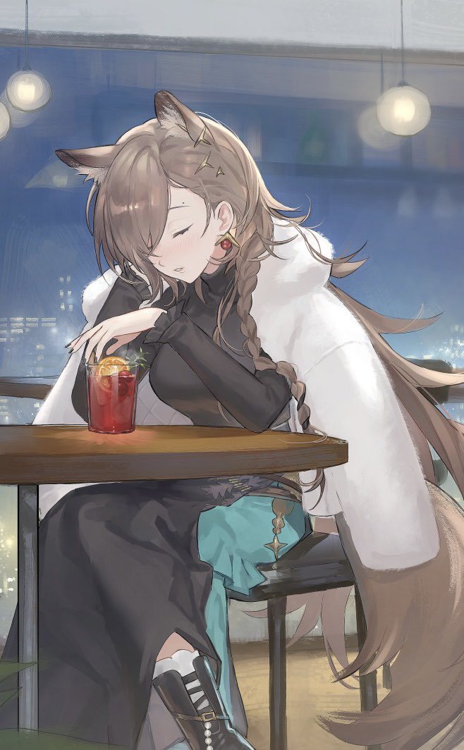 pimi, penance (arknights), penance (occasionally flushed) (arknights), arknights, commentary, jpeg artifacts, symbol-only commentary, 1girl, alcohol, animal ears, bar (place), black dress, black nails, braid, brown hair, brown tail, ceiling light, closed eyes, cup, dress, drink, drinking glass, drunk, earrings, feet out of frame, fingernails, food, fruit, hair behind ear, hair ornament, indoors, jewelry, long dress, long hair, long sleeves, mole, mole above eye, nail polish, official alternate costume, orange (fruit), orange slice, parted lips, round table, sitting, sleeping, solo, table, tail