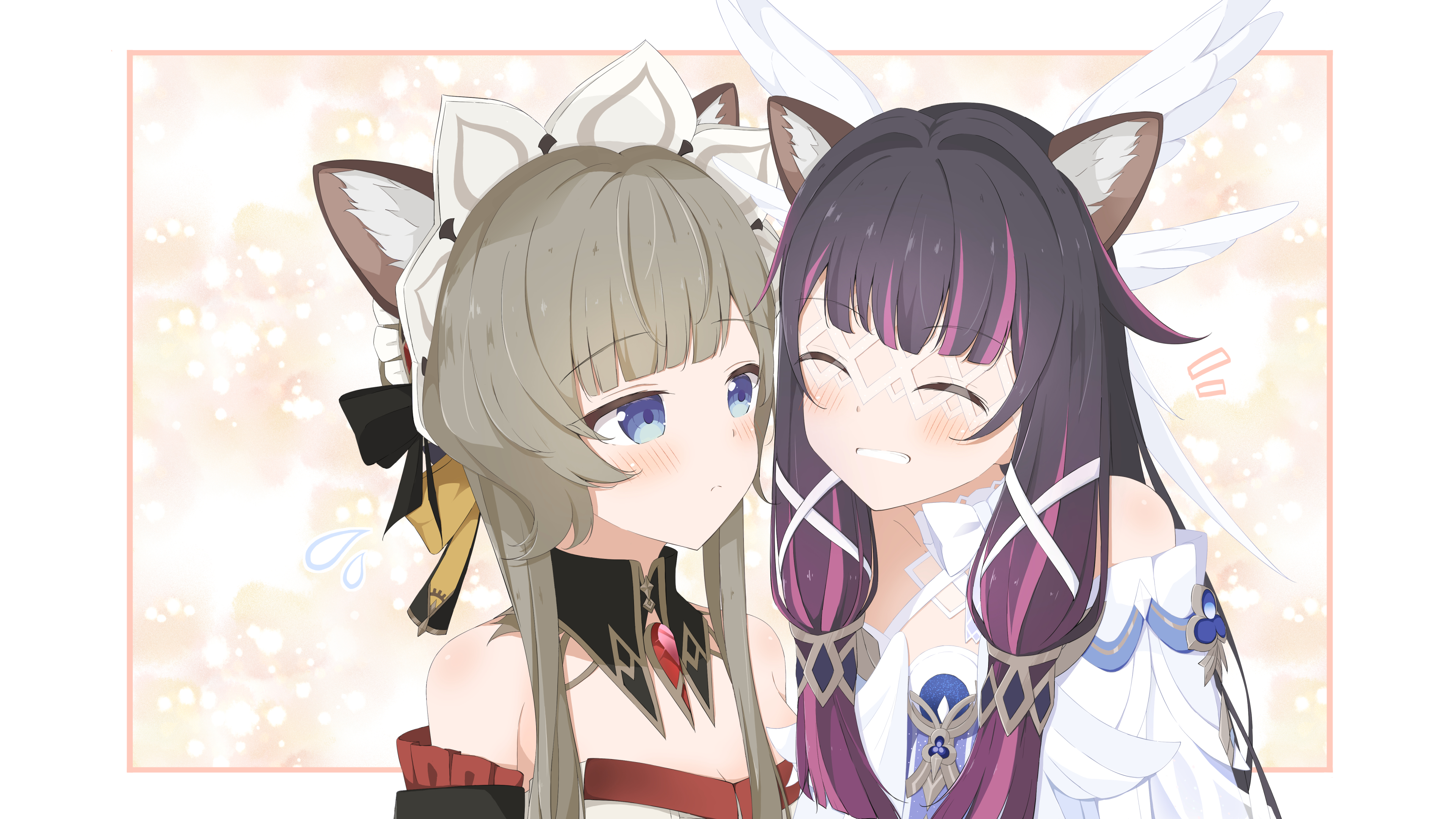 rino (monochrome rino), columbina (genshin impact), sandrone (genshin impact), genshin impact, absurdres, commentary request, highres, 2girls, animal ear fluff, animal ears, bare shoulders, black collar, black hair, blue eyes, blush, bow, brown hair, cat ears, closed eyes, collar, detached collar, detached sleeves, dress, eye mask, fake animal ears, gem, grin, hair ribbon, head wings, headdress, long hair, looking at another, mask, multicolored hair, multiple girls, pink hair, red gemstone, ribbon, smile, two-tone hair, white bow, white dress, white headdress, white ribbon, white wings, wings, yuri