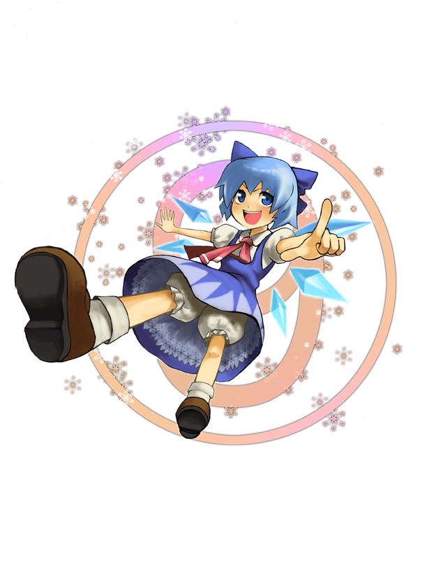 moge (artist), moge (mogegege), cirno, phantasmagoria of flower view, touhou, bad id, bad pixiv id, 1girl, bloomers, blue eyes, blue hair, bow, circled 9, female focus, hair bow, matching hair/eyes, short hair, solo, underwear, wings