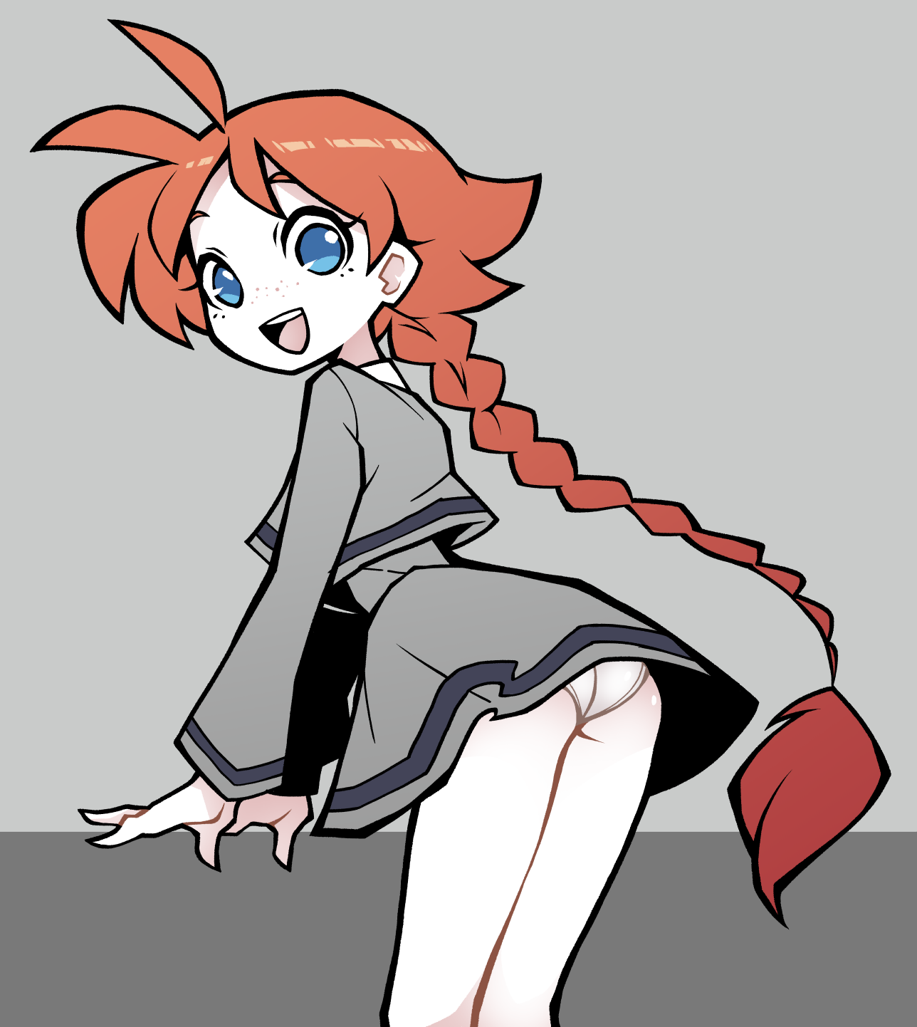 akableak, ahiru (princess tutu), princess tutu, highres, 1girl, :d, ass, blue eyes, braid, braided ponytail, dress, freckles, grey background, grey dress, leaning forward, long hair, long sleeves, open mouth, orange hair, panties, pantyshot, smile, solo, teeth, underwear, upper teeth only, very long hair, white panties