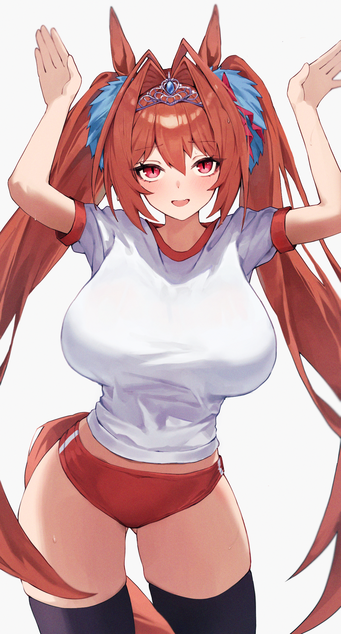 leste (humansequencer), daiwa scarlet (umamusume), umamusume, highres, 1girl, animal ears, arms up, black thighhighs, blush, breasts, brown hair, buruma, fang, gym shirt, hair between eyes, hair intakes, horse ears, horse girl, horse tail, large breasts, long hair, looking at viewer, open mouth, red buruma, red eyes, shirt, short sleeves, skin fang, smile, solo, sweat, tail, thighhighs, tiara, tracen training uniform, twintails, very long hair, white shirt