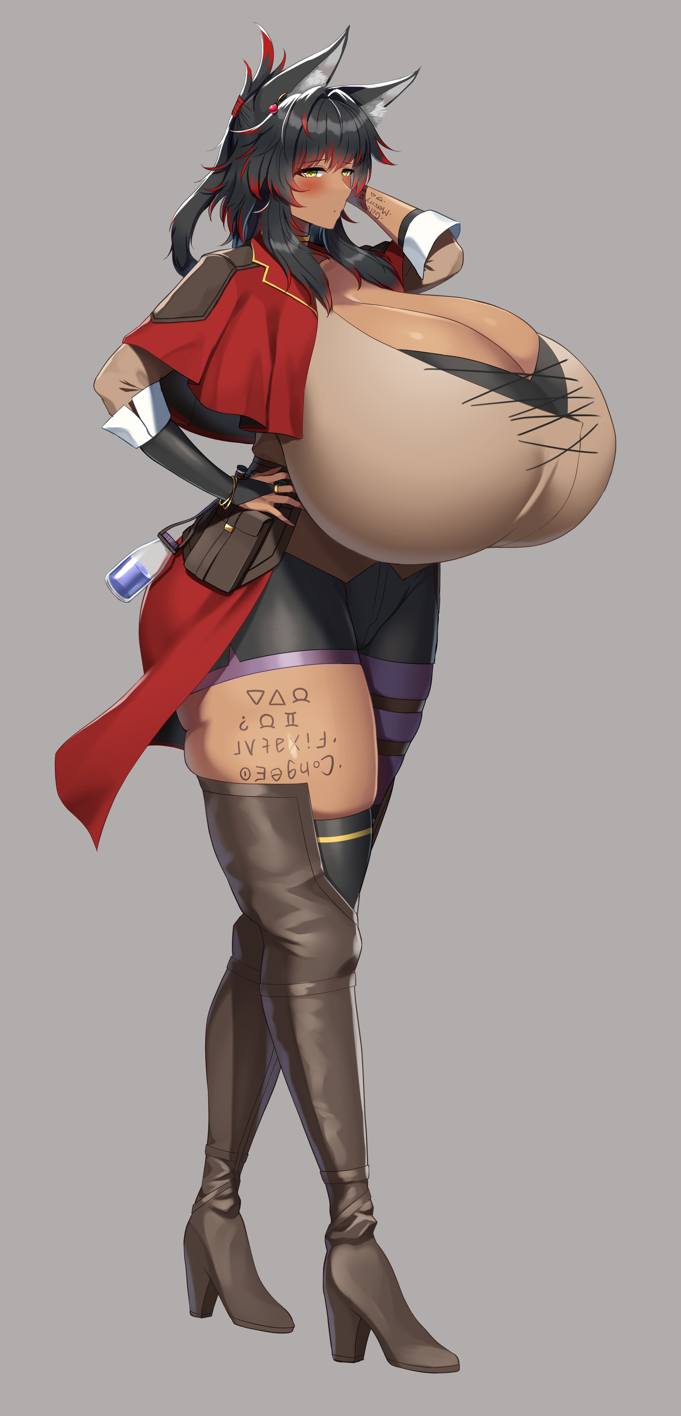 daien, original, 1girl, animal ears, arm tattoo, asymmetrical legwear, black hair, black shorts, black thighhighs, blush, borrowed character, breasts, brown shirt, cleavage, dark-skinned female, dark skin, dress, female focus, fox ears, full body, gigantic breasts, gold choker, grey background, hand on own hip, high heels, leg tattoo, long hair, looking at viewer, medium hair, pocket, potion, red dress, shirt, shorts, sidelocks, solo, tattoo, thick thighs, thighhighs, thighs, yellow eyes, zettai ryouiki