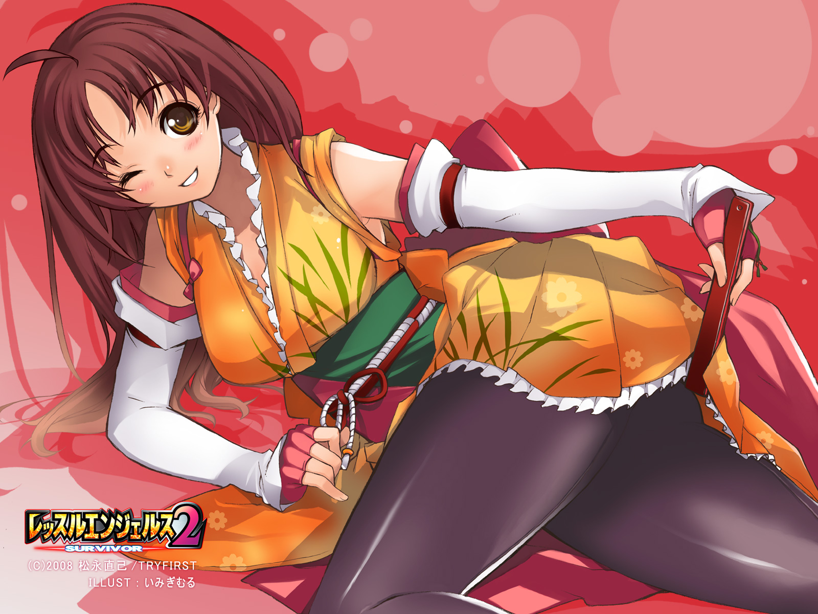 imigimuru, fujishima hitomi, wrestle angels, wrestle angels survivor 2, highres, 1girl, ahoge, black pantyhose, blush, brown eyes, brown hair, elbow gloves, female focus, fingerless gloves, gloves, hand fan, japanese clothes, kimono, long hair, lying, one eye closed, pantyhose, red hair, rope, smile, solo, wink