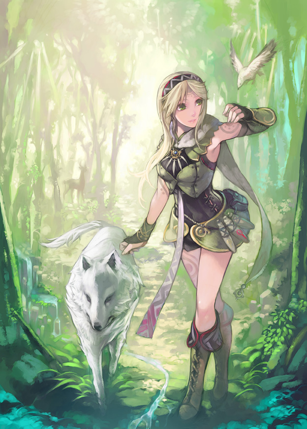 aoin, ranger, bad id, bad pixiv id, 1girl, animal, bird, blonde hair, boots, female focus, fingerless gloves, forest, gloves, green eyes, hairband, nature, solo, talisman, tattoo, wolf
