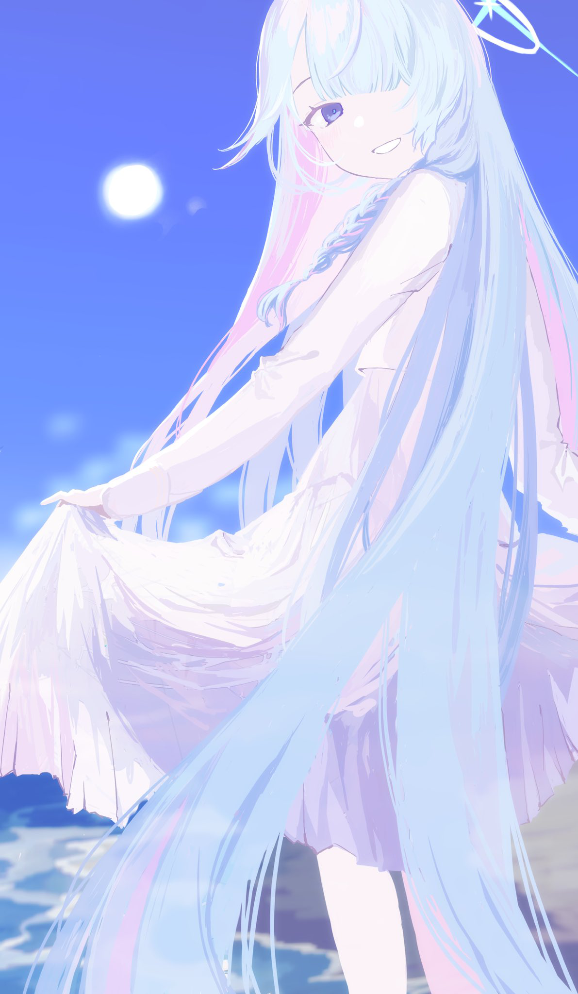 kisaka, general student council president (blue archive), blue archive, commentary request, highres, 1girl, :d, absurdly long hair, blue eyes, blue hair, blue halo, blue sky, blunt bangs, braid, colored inner hair, day, feet out of frame, from behind, grin, hair over one eye, hair over shoulder, halo, jacket, long hair, long skirt, long sleeves, looking at viewer, looking back, multicolored hair, one eye covered, open mouth, outdoors, pink hair, single braid, skirt, skirt hold, sky, smile, solo, standing, straight hair, two-tone hair, very long hair, water, white jacket, white skirt