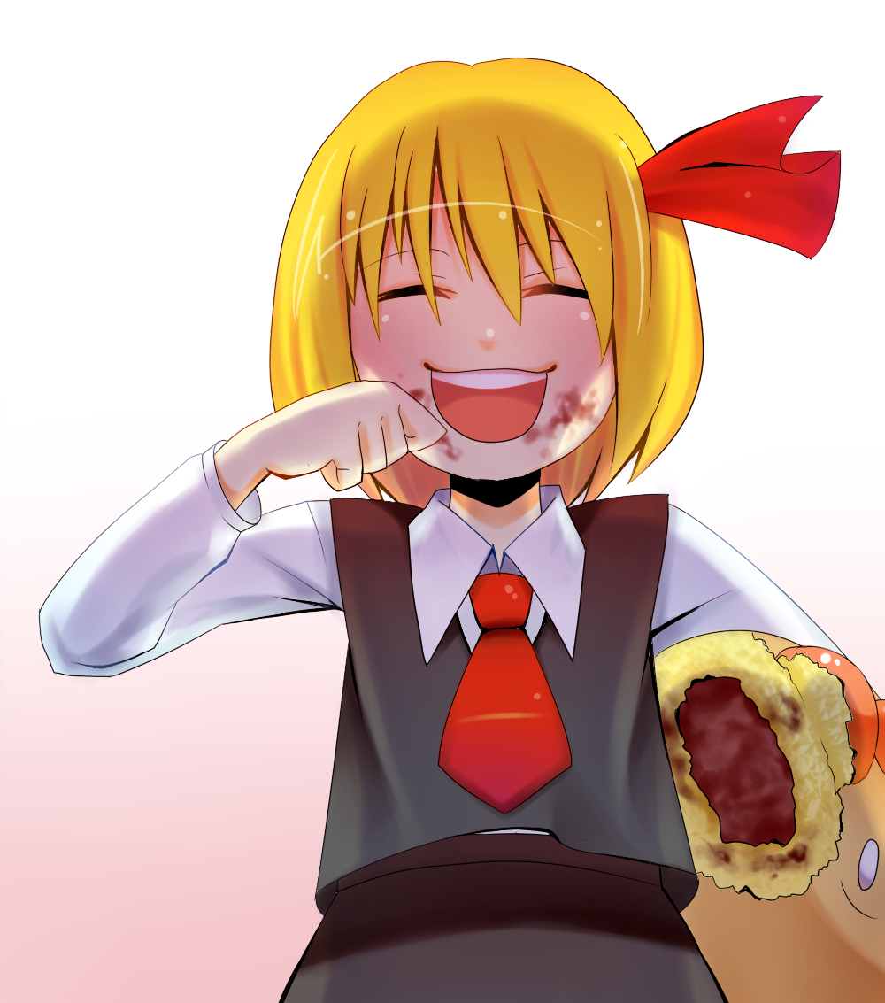 nomu (29 nom), rumia, embodiment of scarlet devil, touhou, bad id, bad pixiv id, 1girl, blonde hair, closed eyes, female focus, gradient background, hair ribbon, ribbon, short hair, solo