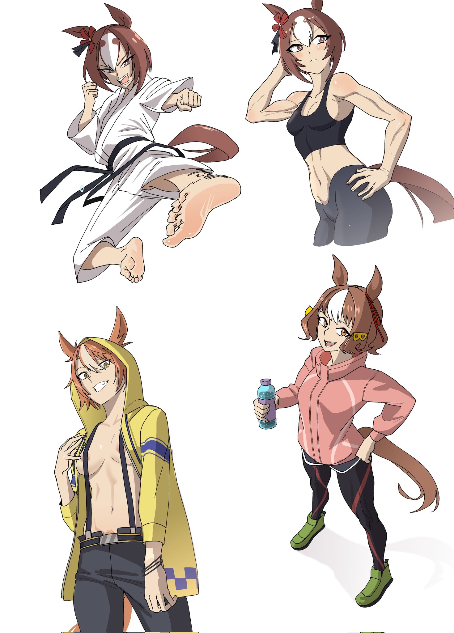 belno light (umamusume), dictus striker (umamusume), yaeno muteki (umamusume), umamusume, highres, 3girls, animal ears, areola slip, arm at side, arm up, bhenart, bottle, bow, breasts, bright pupils, brown eyes, brown hair, brown pubic hair, clenched hand, closed mouth, cowboy shot, cropped legs, double-parted bangs, dougi, ear ornament, ear ribbon, ears through hood, fang, female pubic hair, flying kick, full body, grey hair, grin, hair between eyes, hair ornament, hand on own hip, hand up, holding, holding bottle, hood, hood up, hooded jacket, horse ears, horse girl, horse tail, jacket, kicking, legs apart, long sleeves, looking at viewer, martial arts belt, medium breasts, multicolored hair, multiple girls, multiple views, navel, no bra, open clothes, open jacket, open mouth, outstretched arm, pants, pubic hair, pubic hair peek, simple background, smile, standing, stomach, suspenders, tail, toned, toned female, two-tone hair, white hair, white pupils, yellow eyes, yoga pants