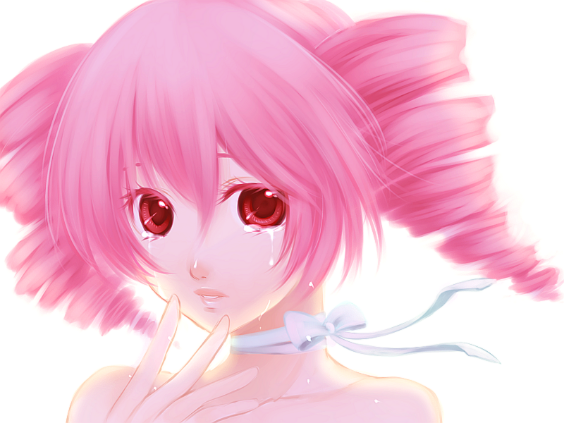 nez-doll, kasane teto, utau, vocaloid, bad id, bad pixiv id, 1girl, bare shoulders, choker, drill hair, female focus, pink hair, portrait, red eyes, ribbon, simple background, solo, tears, twin drills, twintails, upper body