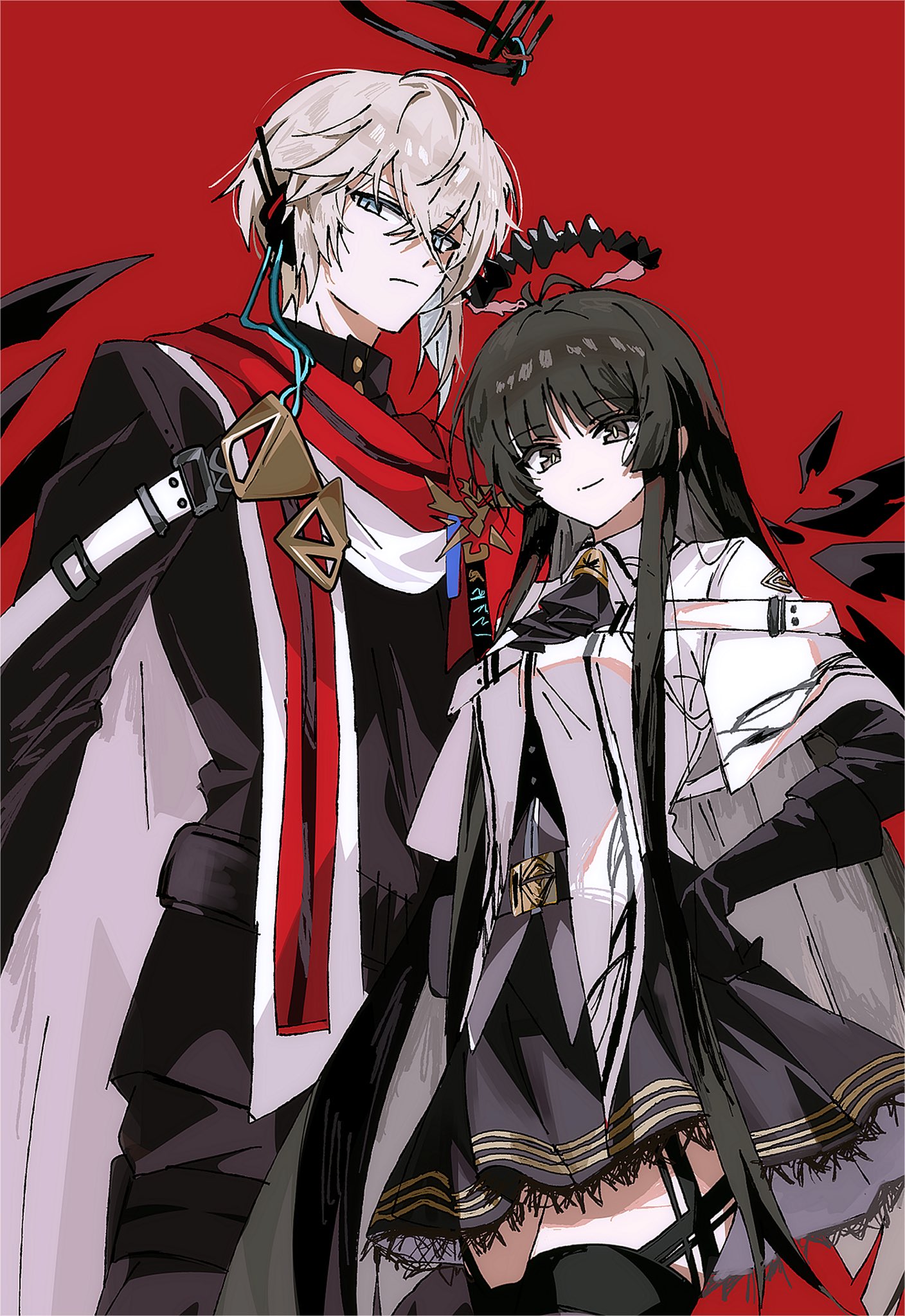 executor (arknights), executor the ex foedere (arknights), virtuosa (arknights), arknights, highres, 1boy, 1girl, ascot, black ascot, black eyes, black hair, black halo, black pants, black shirt, black skirt, black wings, cousins, cowboy shot, detached wings, grey eyes, grey hair, halo, hime cut, jacket, looking at viewer, pants, pleated skirt, red background, red scarf, scarf, shirt, simple background, skirt, smile, syst098, white jacket, wings