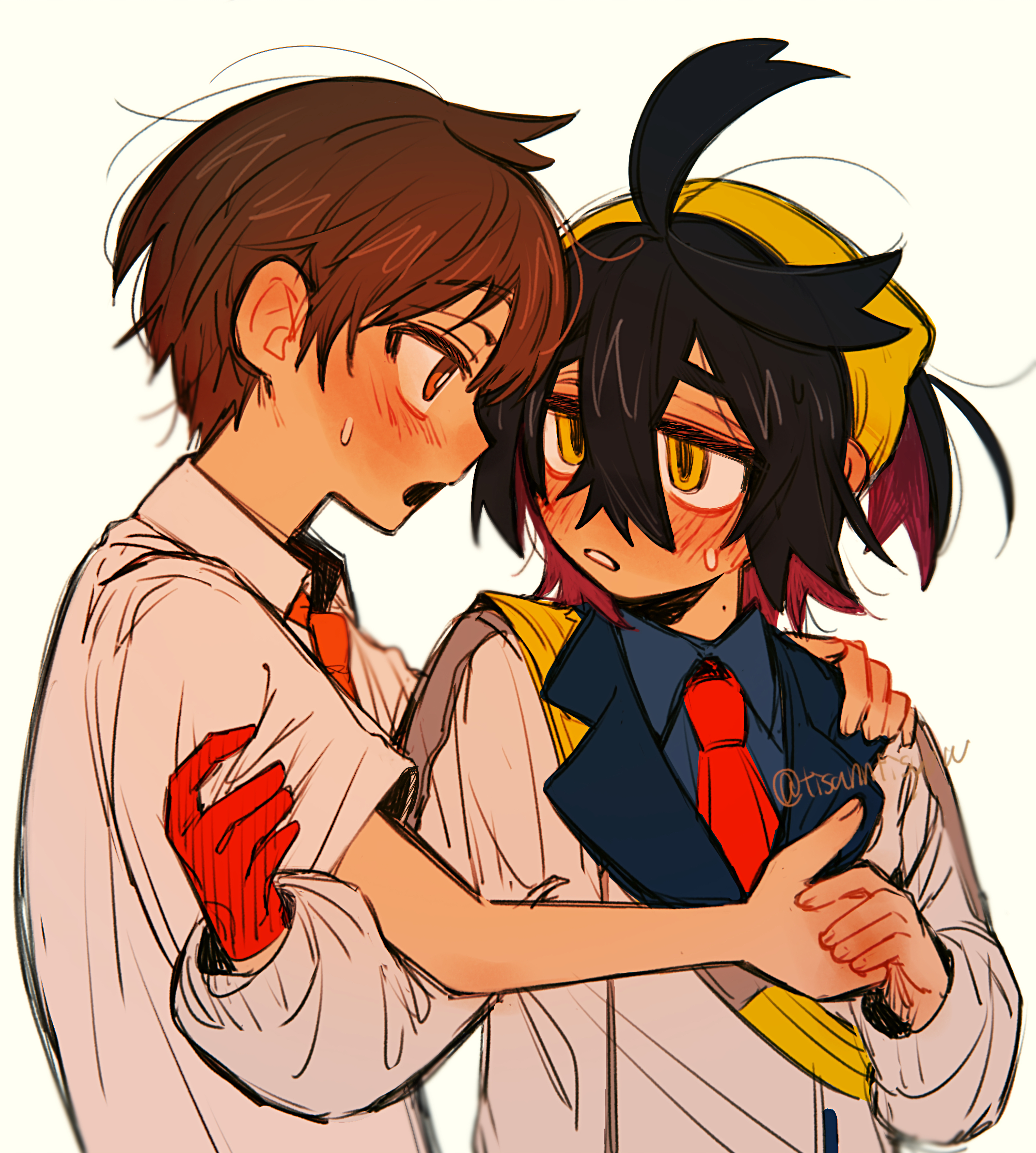 tisanntisyou, florian (pokemon), kieran (pokemon), nintendo, pokemon, pokemon sv, absurdres, commentary, commentary request, highres, partial commentary, 2boys, black hair, blueberry academy school uniform, blush, brown eyes, brown hair, colored inner hair, crossed bangs, gloves, hairband, hand on another's shoulder, holding another's arm, holding hands, jacket, looking at another, male focus, mole, mole on neck, multicolored hair, multiple boys, naranja academy school uniform, open mouth, purple hair, red gloves, school uniform, short hair, short sleeves, single glove, sweat, two-tone hair, white jacket, yaoi, yellow eyes, yellow hairband