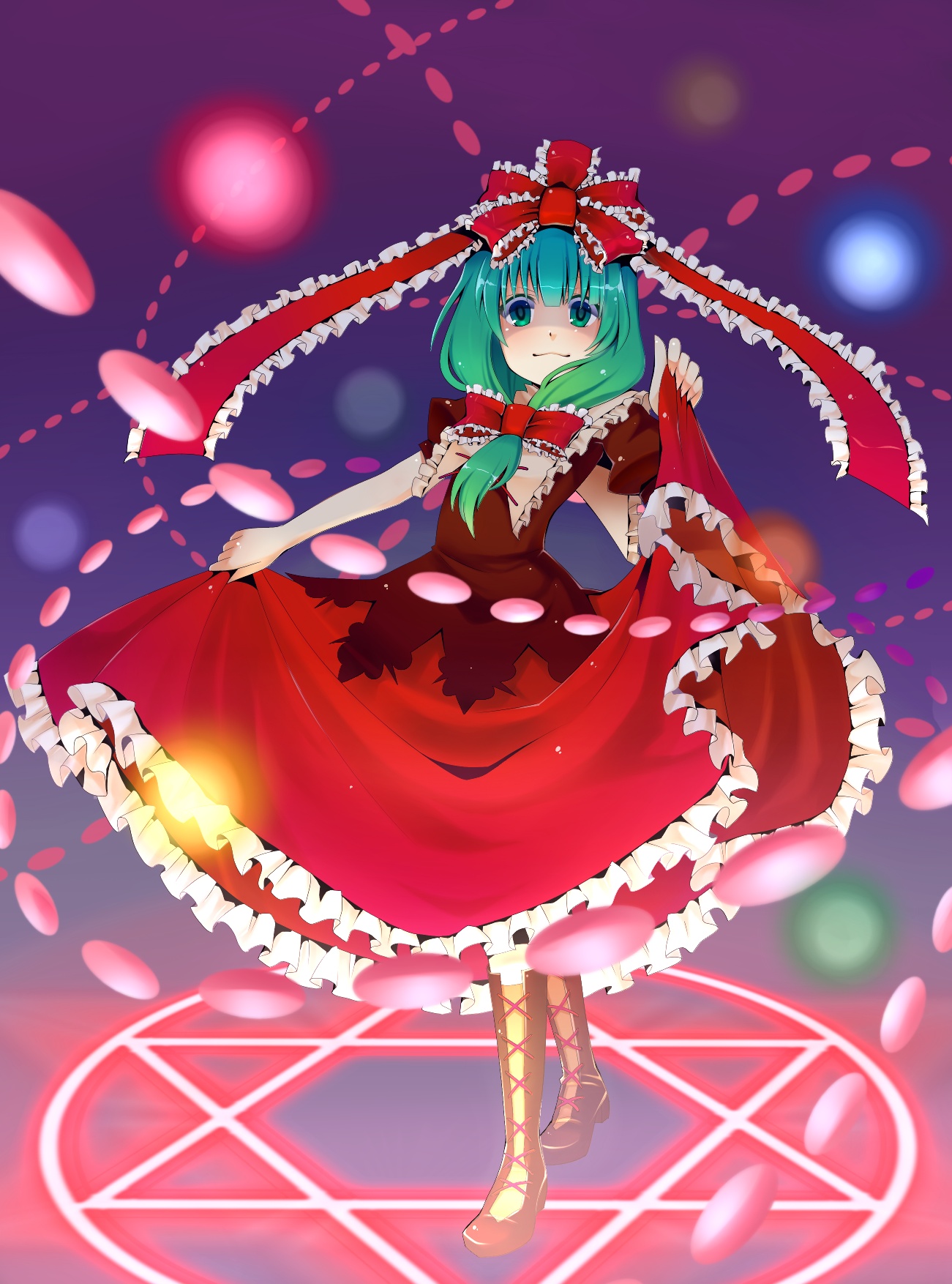 nomu (29 nom), kagiyama hina, touhou, bad id, bad pixiv id, highres, 1girl, danmaku, female focus, front ponytail, green eyes, green hair, hair ribbon, magic circle, matching hair/eyes, ribbon, short hair, skirt hold, solo, standing, standing on magic circle